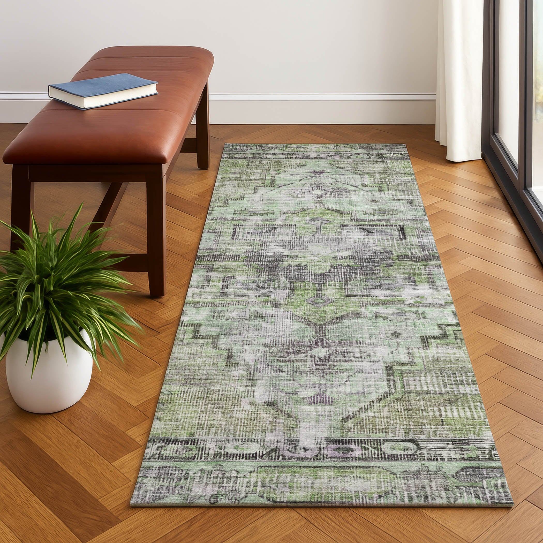 Istanbul Machine Washable Traditional Aloe Green Rug 2'3" x 7'6" #shape_Runner