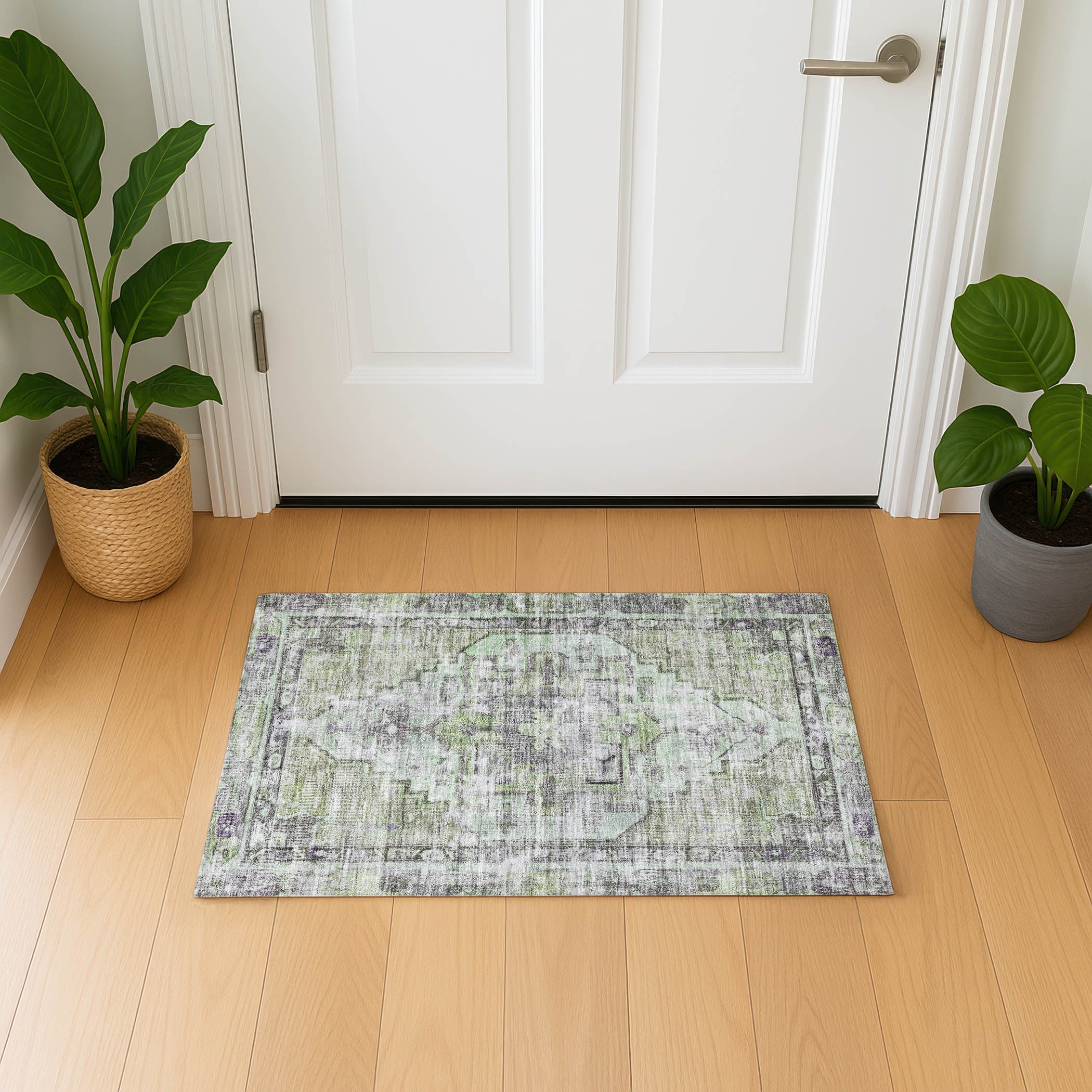Istanbul Machine Washable Traditional Aloe Green Rug 1'8" x 2'6" #shape_Rectangle