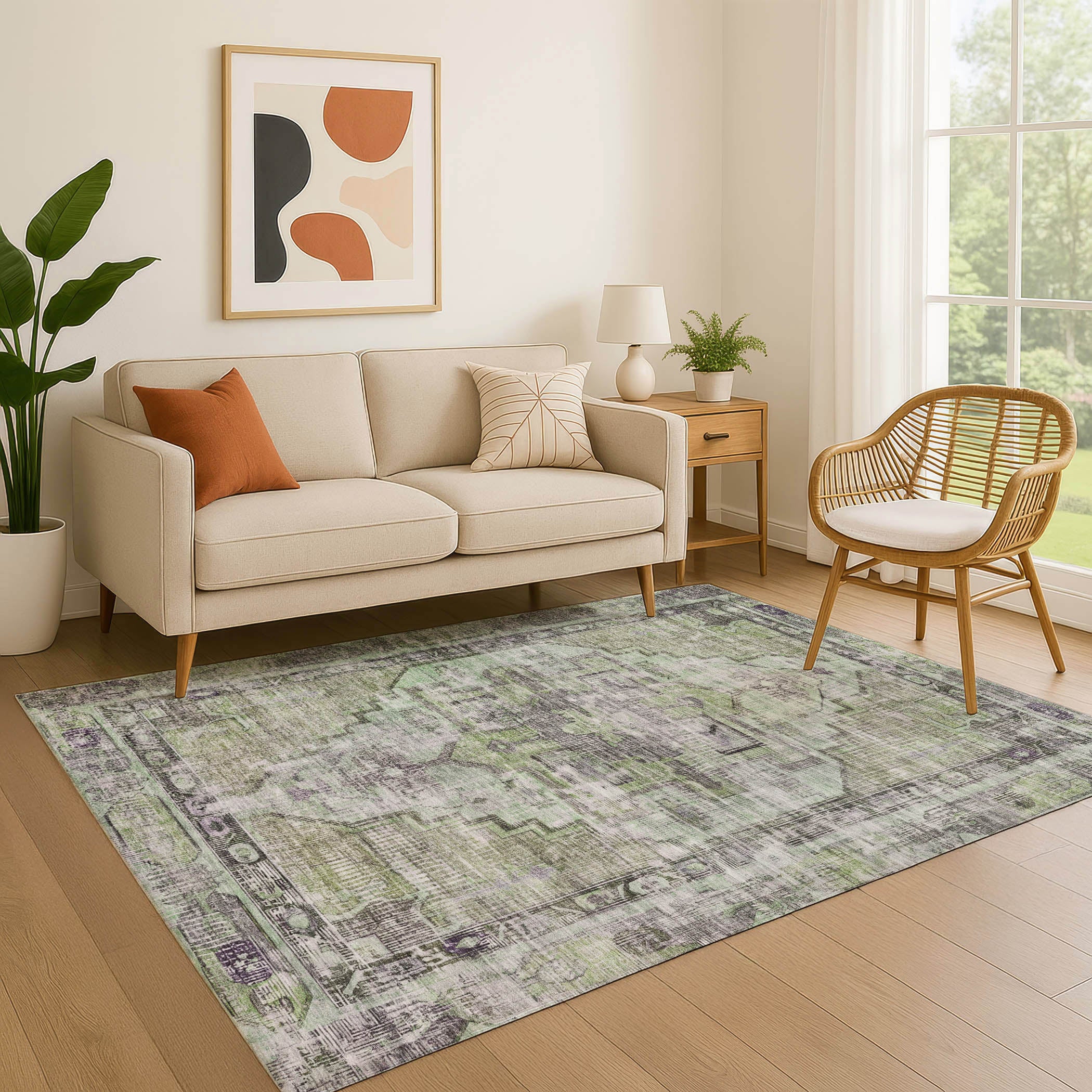 Istanbul Machine Washable Traditional Aloe Green Rug 2'6" x 3'10" #shape_Rectangle