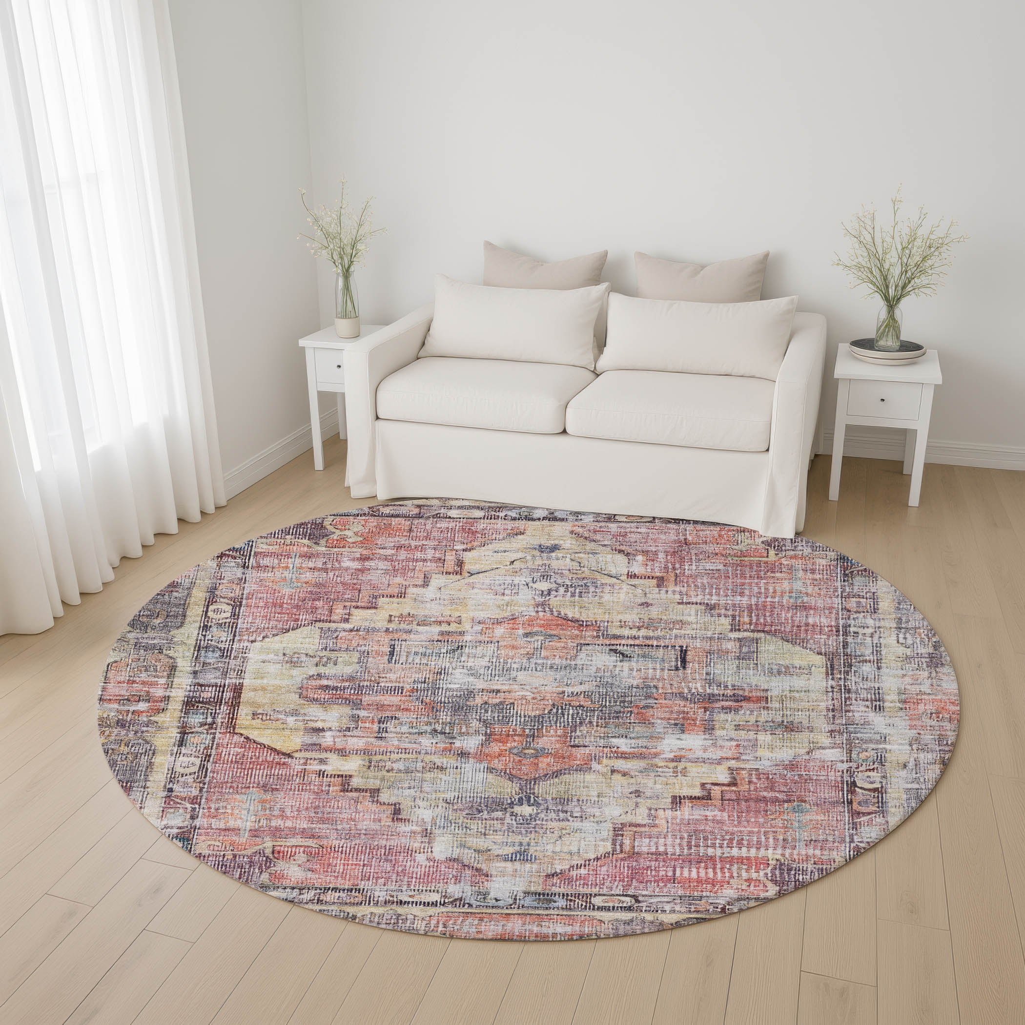 Istanbul Machine Washable Traditional Paprika Orange Rug 8' x 8' #shape_Round