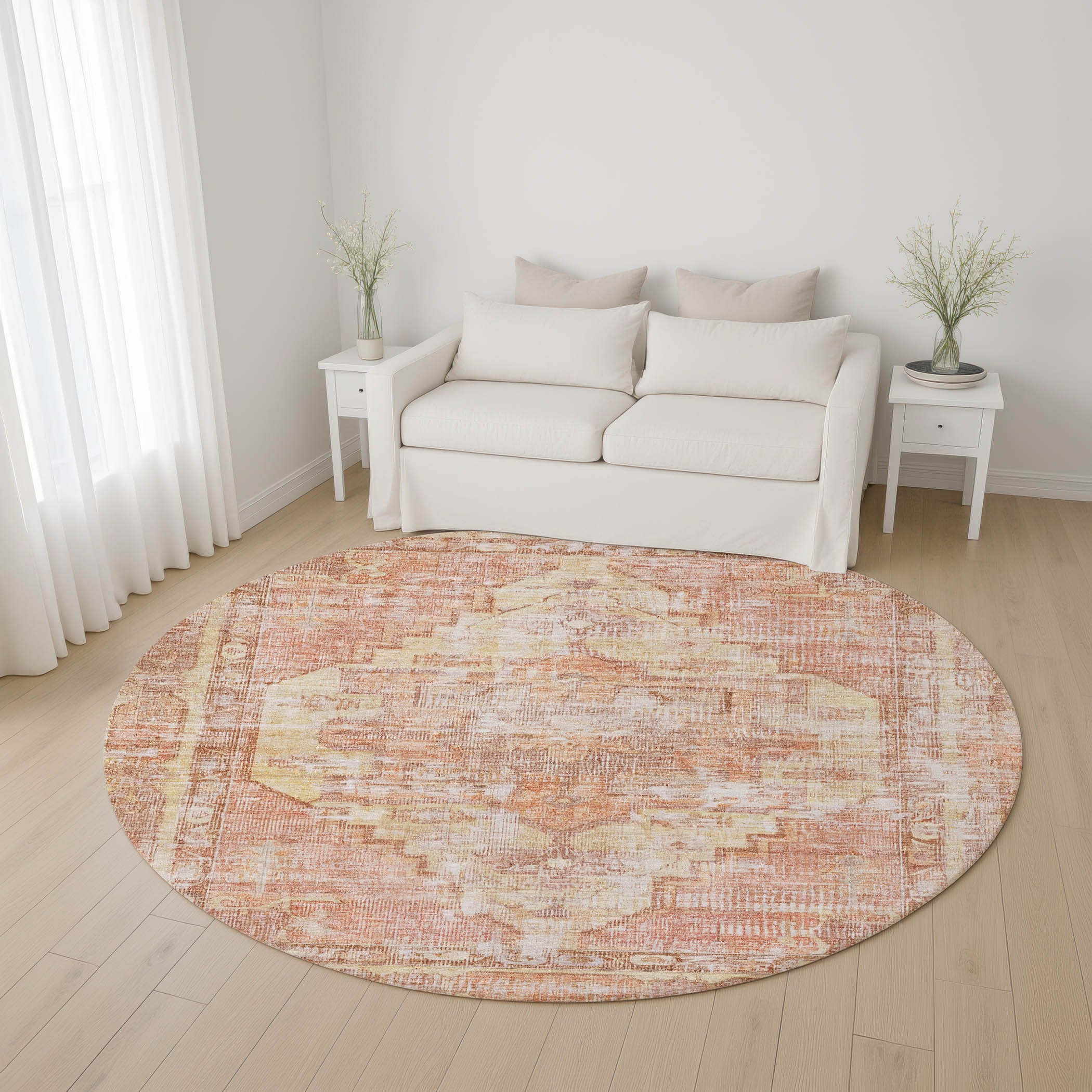 Istanbul Machine Washable Traditional Terracotta Orange Rug 8' x 8' #shape_Round