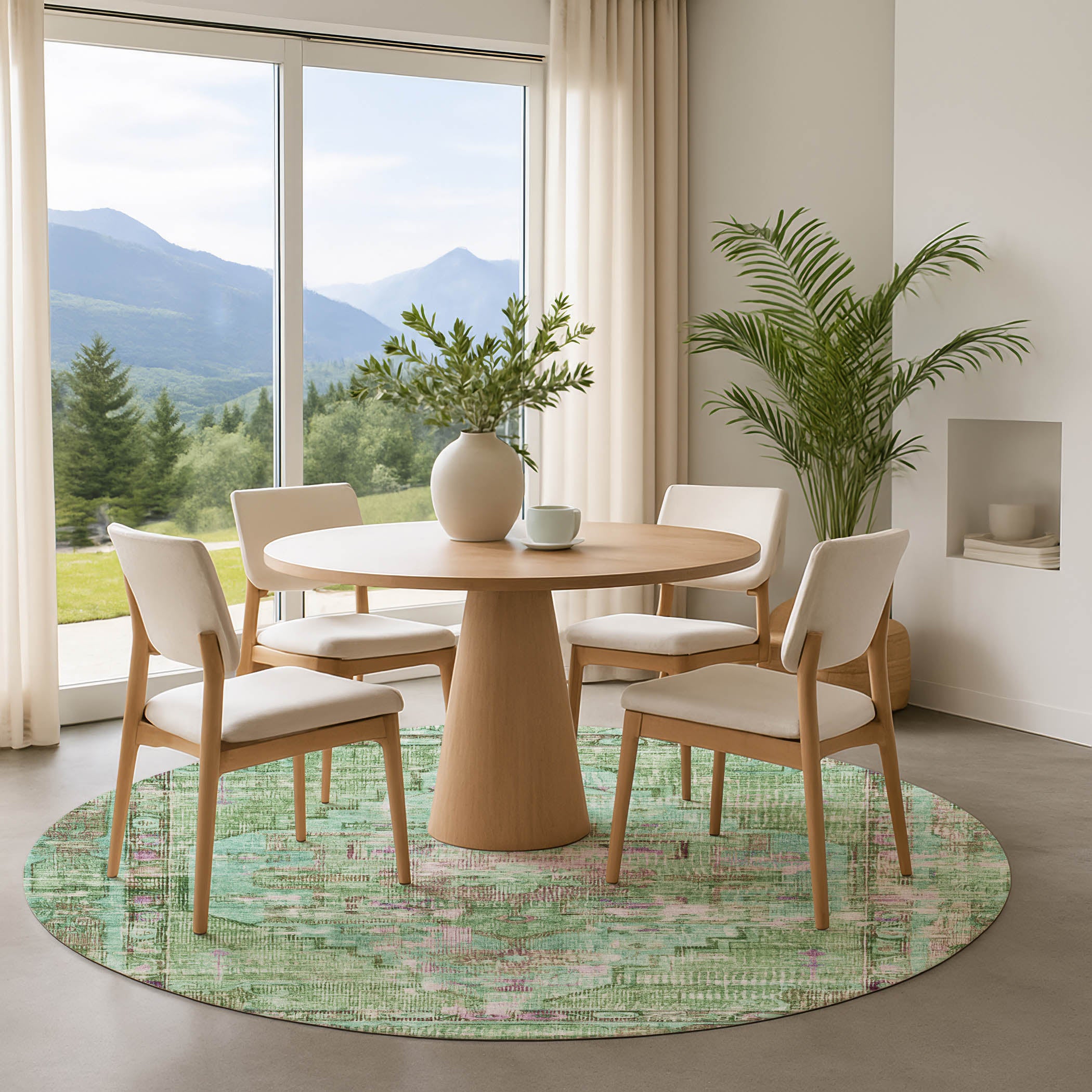 Lima Machine Washable Traditional Aloe Green Rug 8' x 8' #shape_Round