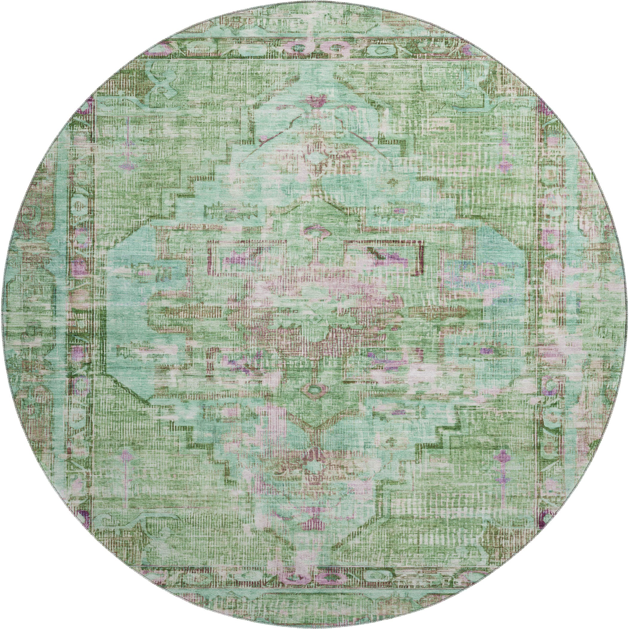 Lima Machine Washable Traditional Aloe Green Rug 8' x 8' #shape_Round
