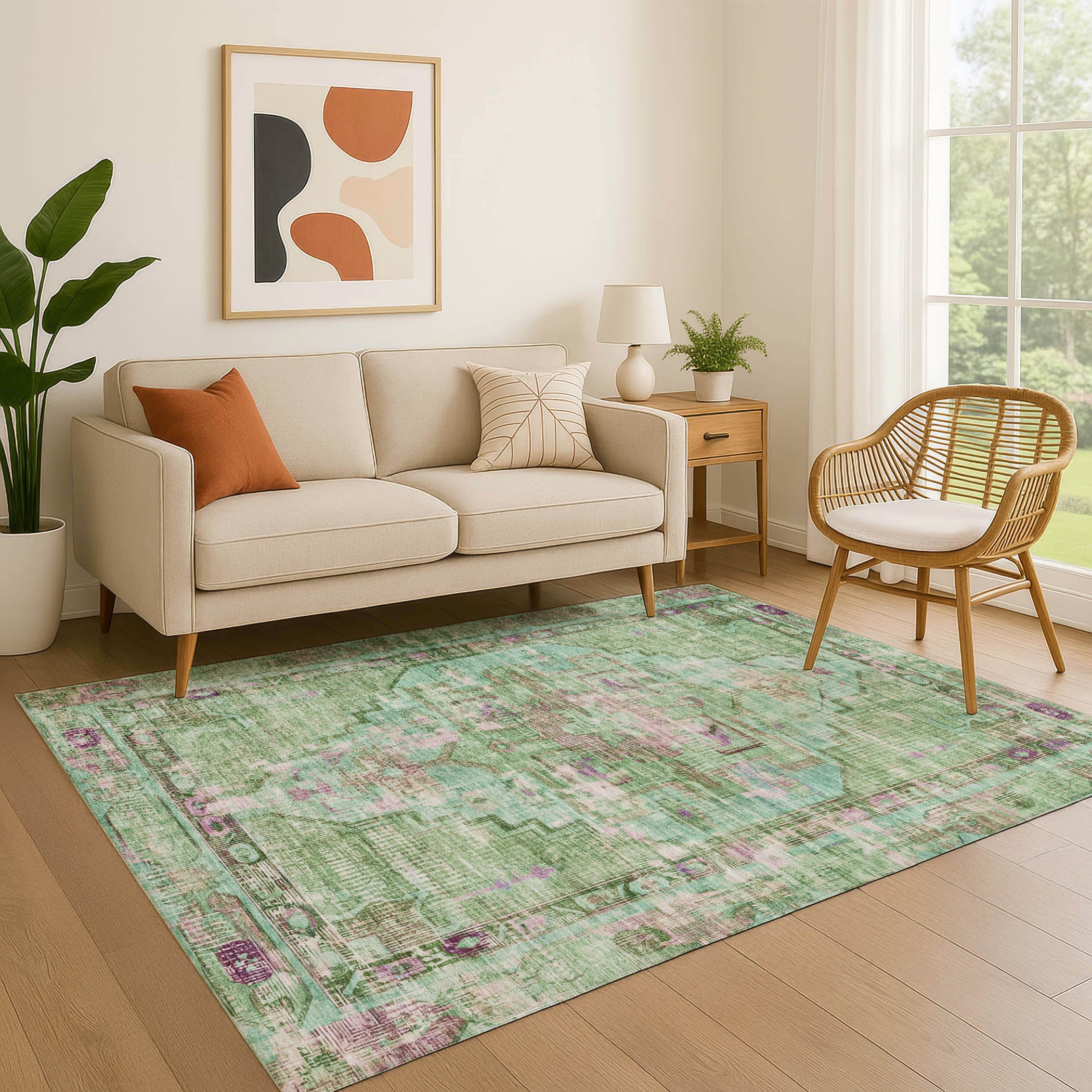Lima Machine Washable Traditional Aloe Green Rug 2'6" x 3'10" #shape_Rectangle
