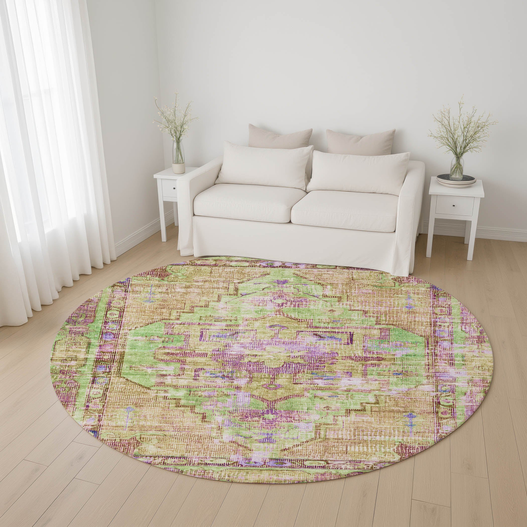 Lima Machine Washable Traditional Lime Green Rug 8' x 8' #shape_Round