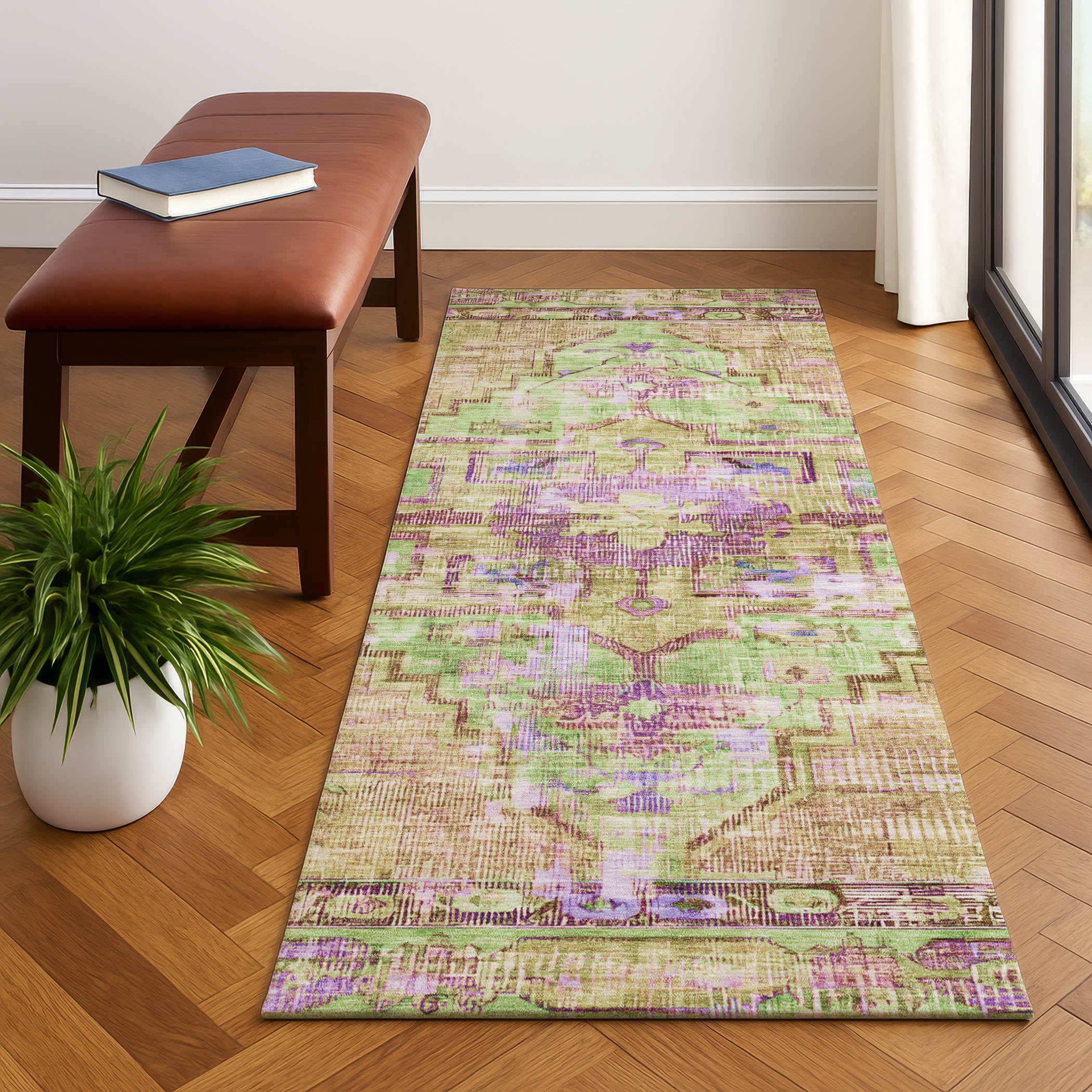 Lima Machine Washable Traditional Lime Green Rug 2'3" x 7'6" #shape_Runner