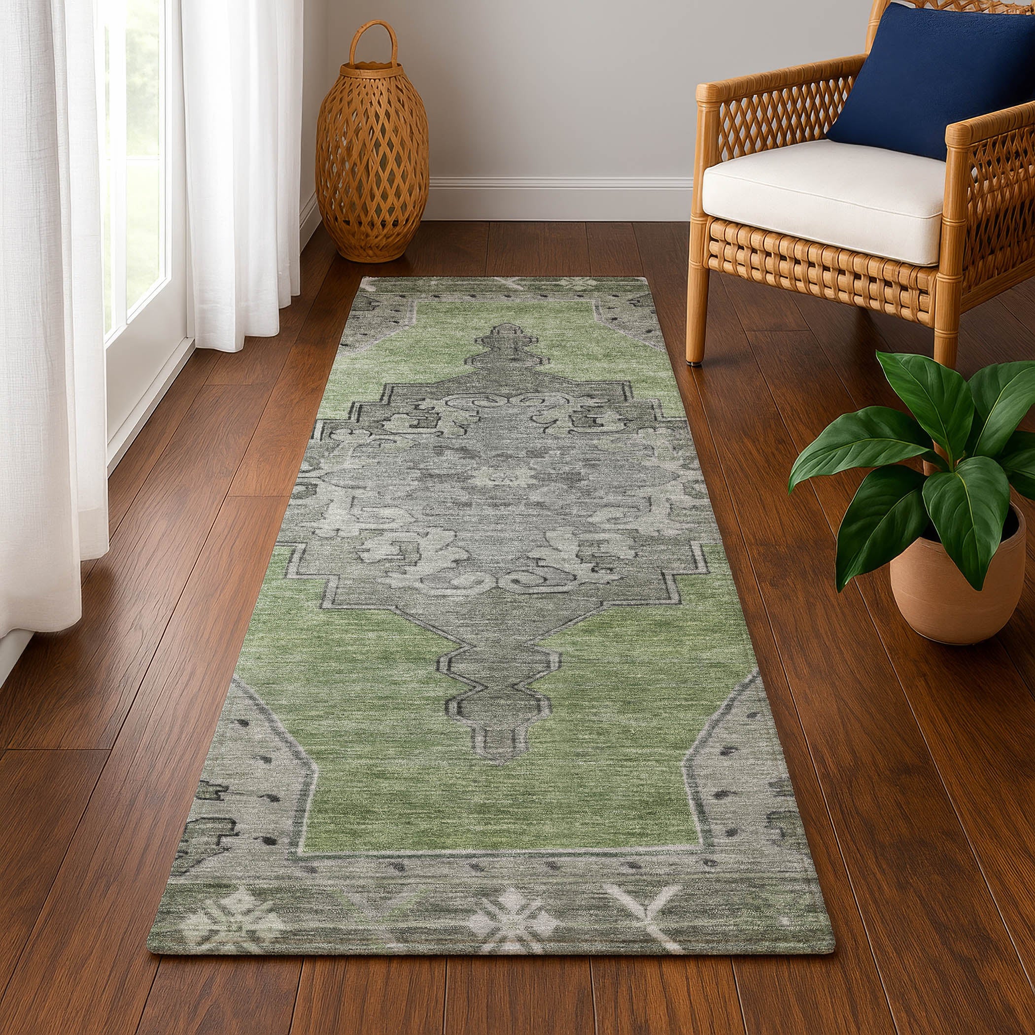 Porto Machine Washable Traditional Aloe Green Rug 2'3" x 7'6" #shape_Runner