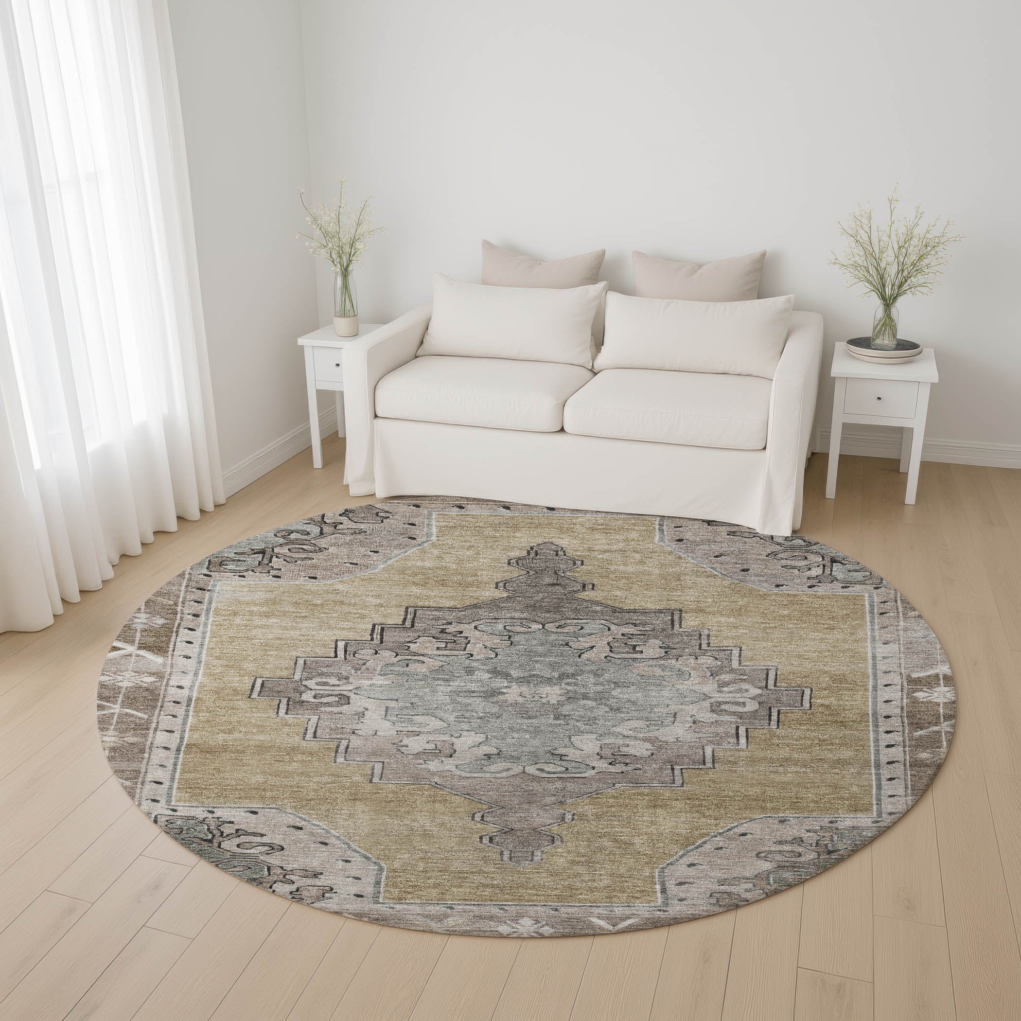 Porto Machine Washable Traditional Beige Brown Rug 8' x 8' #shape_Round