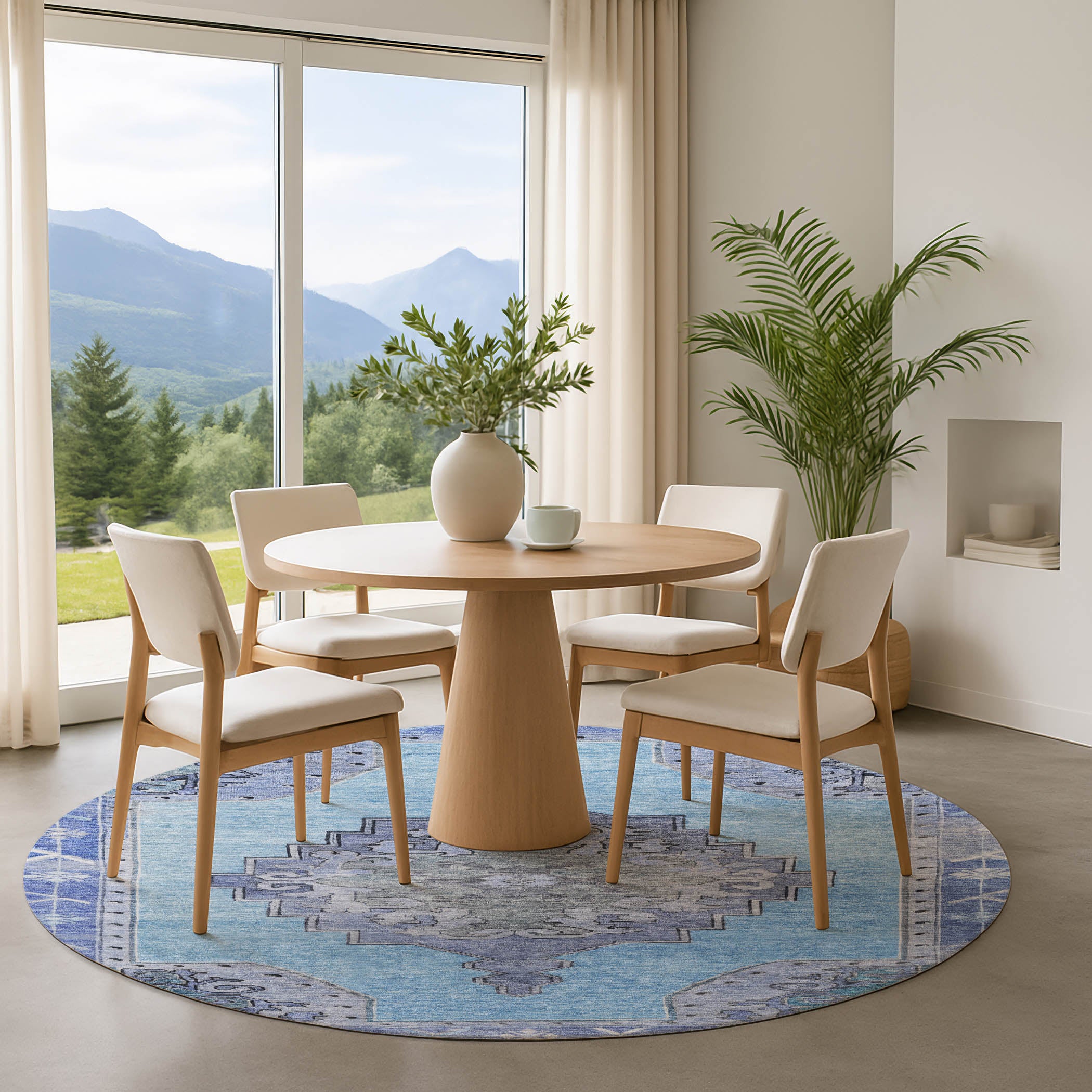 Porto Machine Washable Traditional Blue Rug 8' x 8' #shape_Round