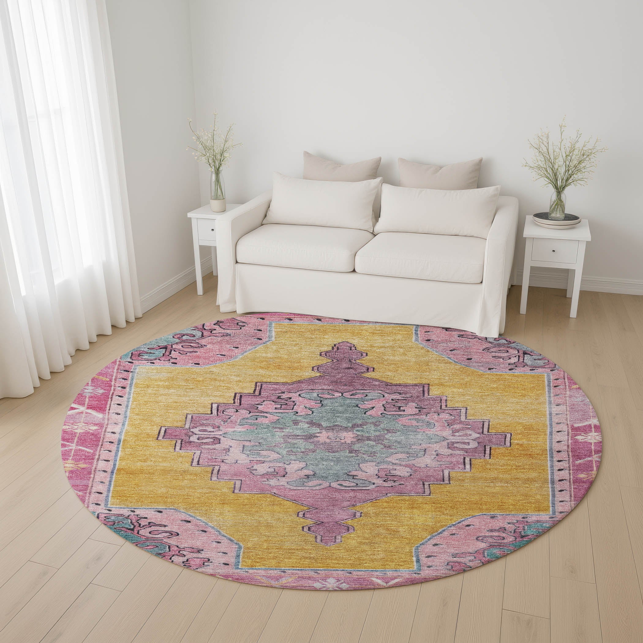 Porto Machine Washable Traditional Gold Rug 8' x 8' #shape_Round