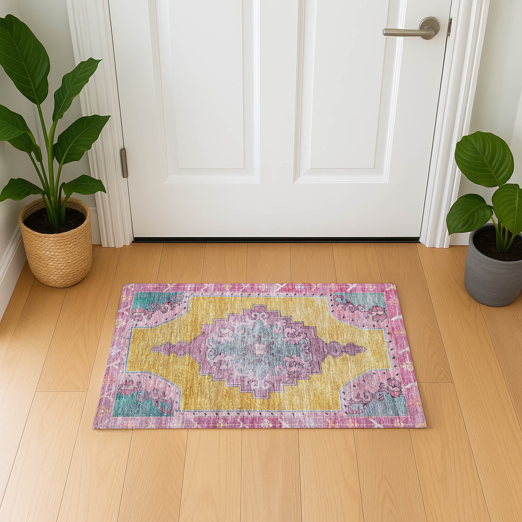 Porto Machine Washable Traditional Gold Rug 1'8" x 2'6" #shape_Rectangle
