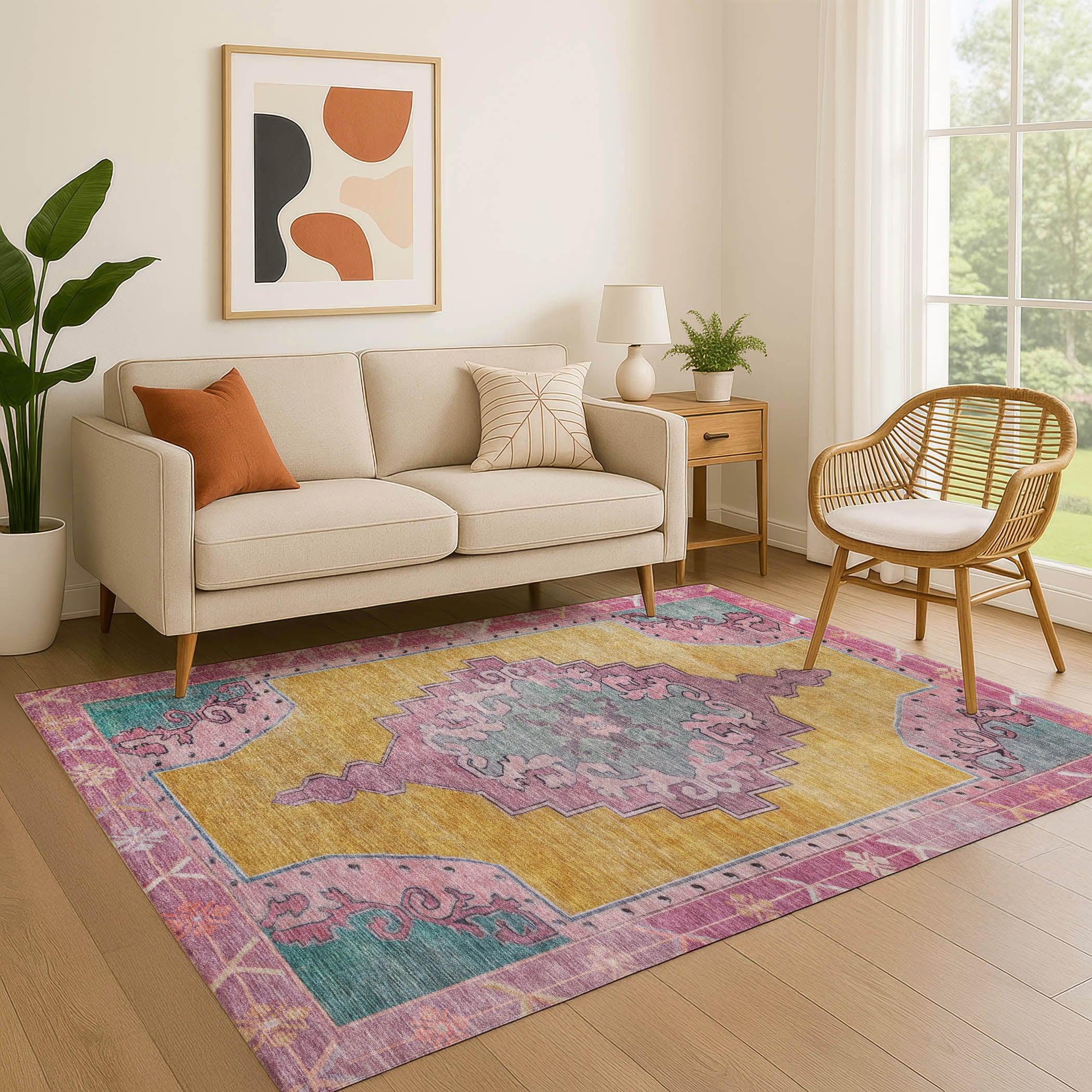 Porto Machine Washable Traditional Gold Rug 2'6" x 3'10" #shape_Rectangle