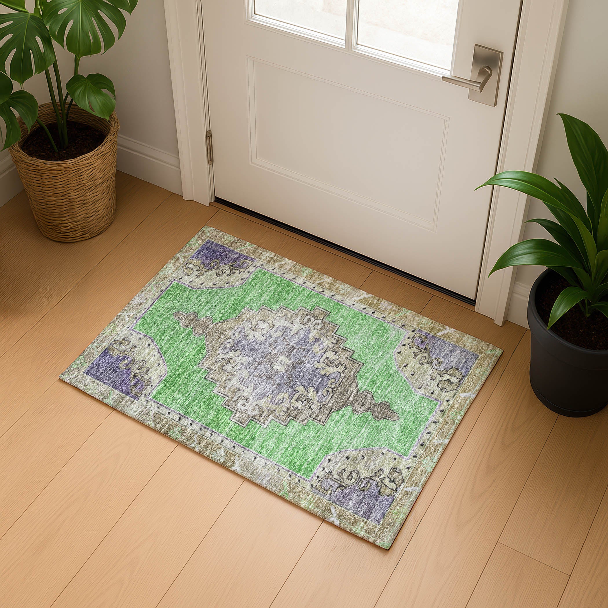 Porto Machine Washable Traditional Lime Green Rug 1'8" x 2'6" #shape_Rectangle