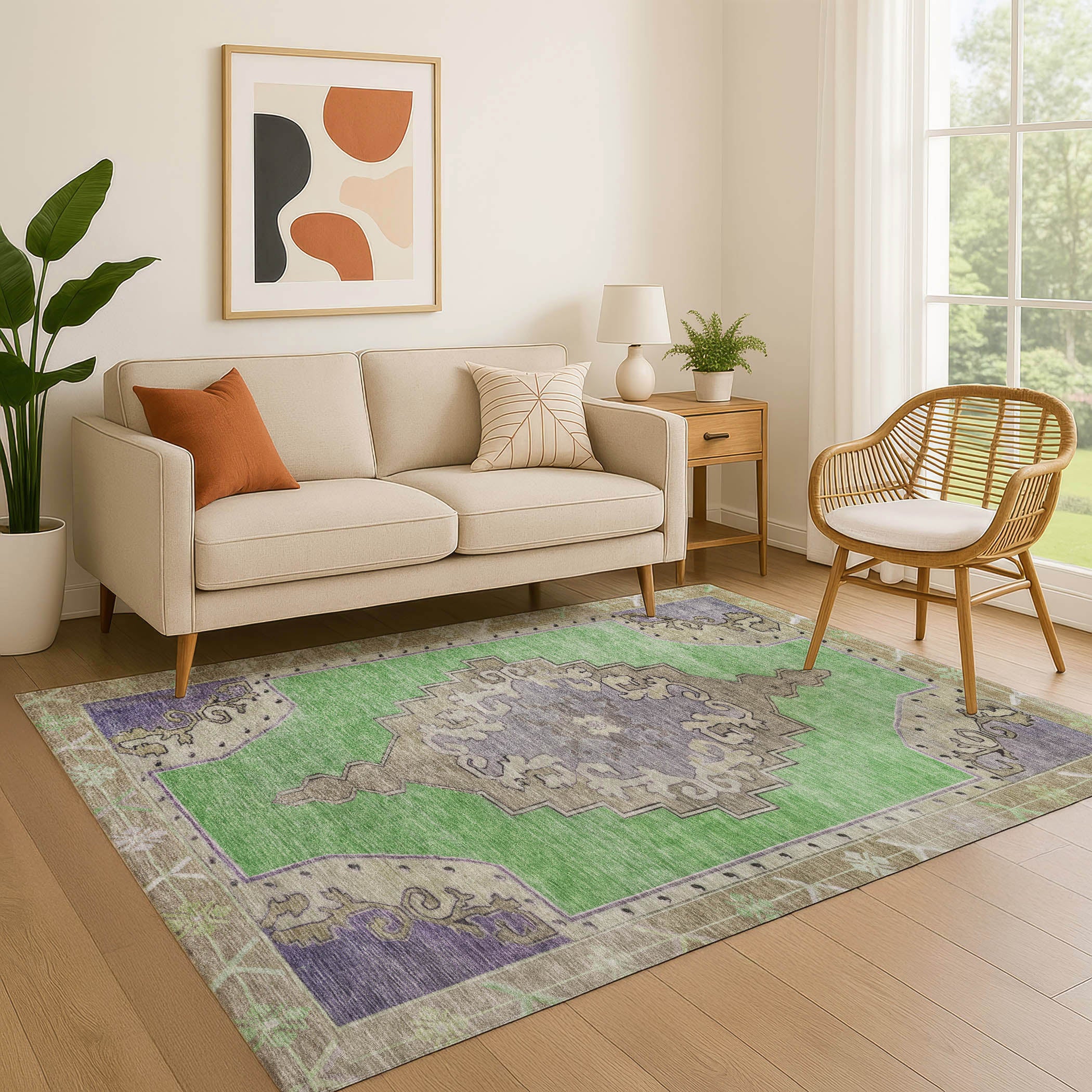 Porto Machine Washable Traditional Lime Green Rug 2'6" x 3'10" #shape_Rectangle