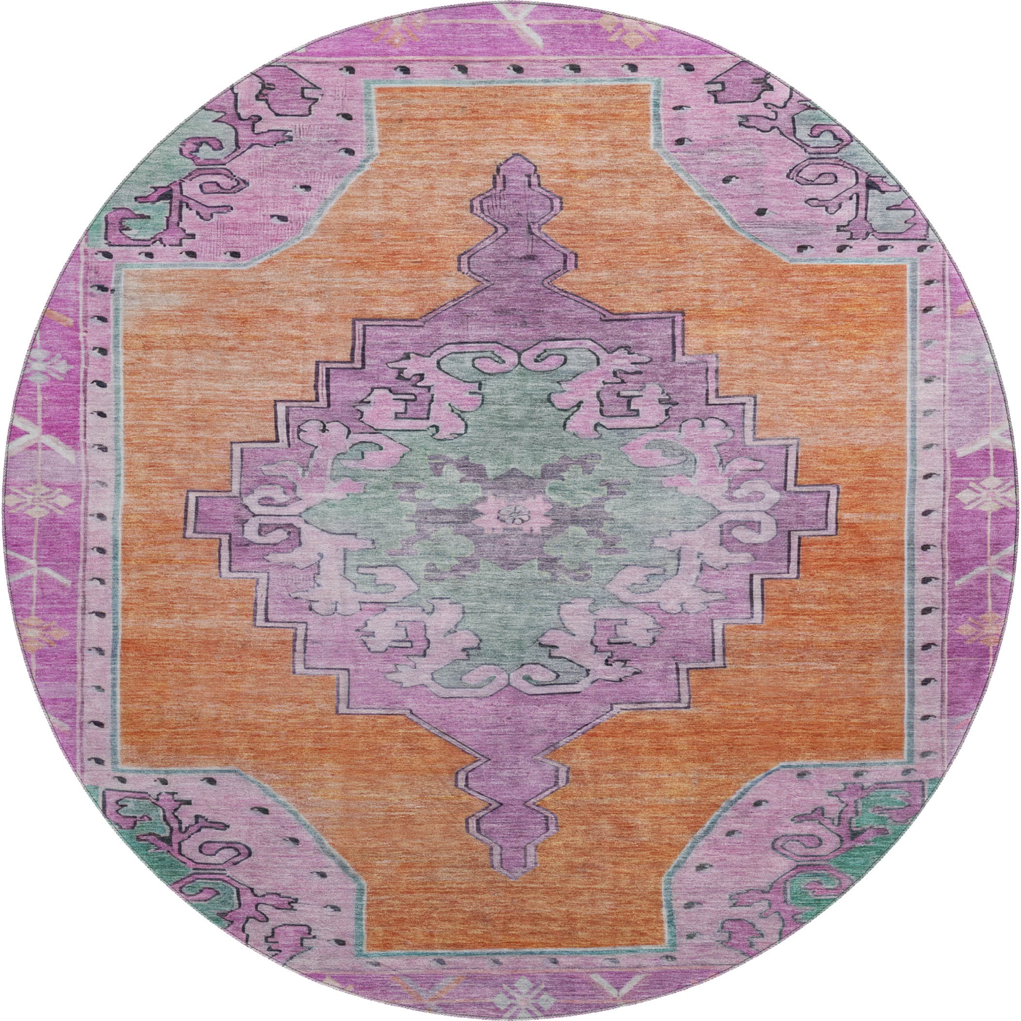 Porto Machine Washable Traditional Orange Rug 8' x 8' #shape_Round