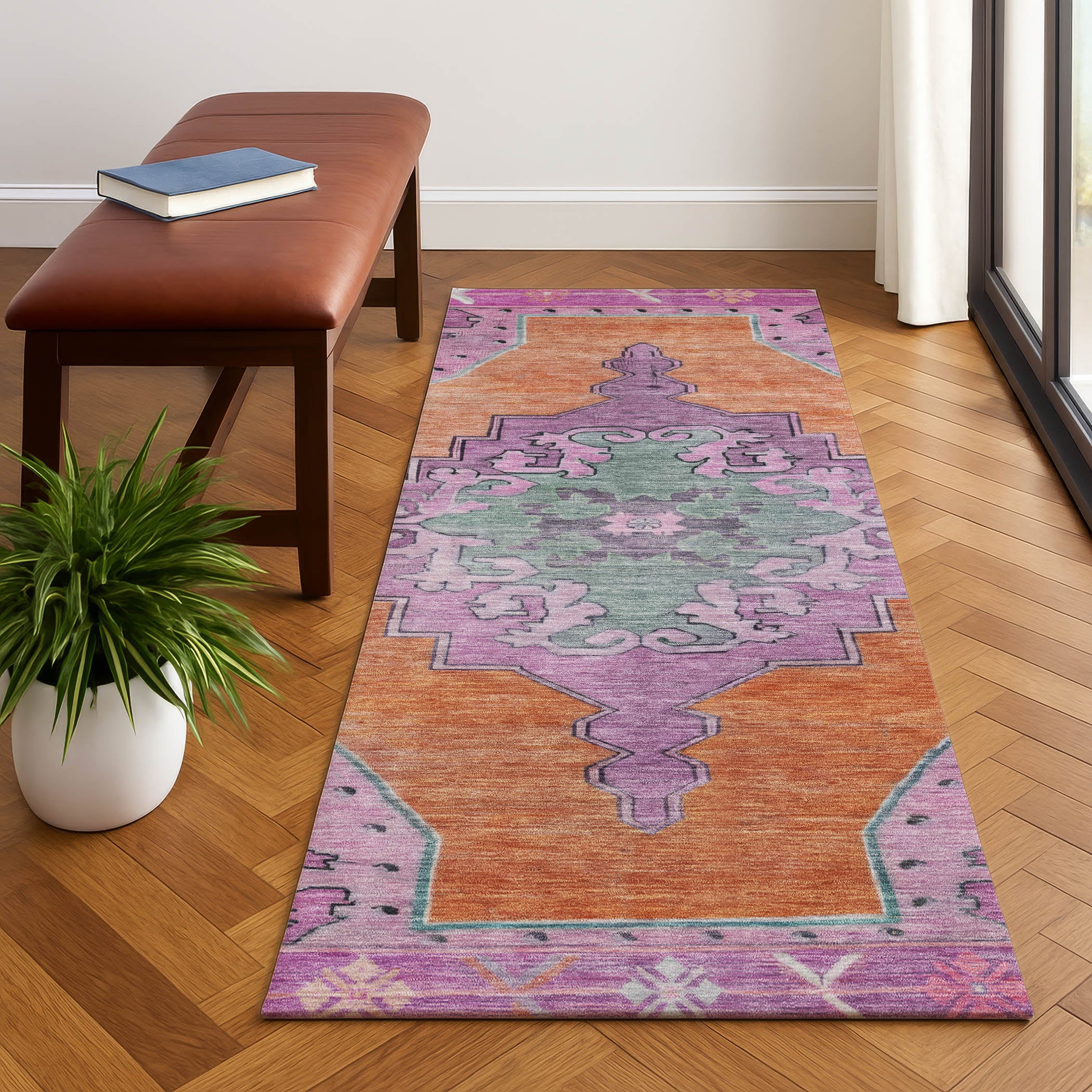 Porto Machine Washable Traditional Orange Rug 2'3" x 7'6" #shape_Runner