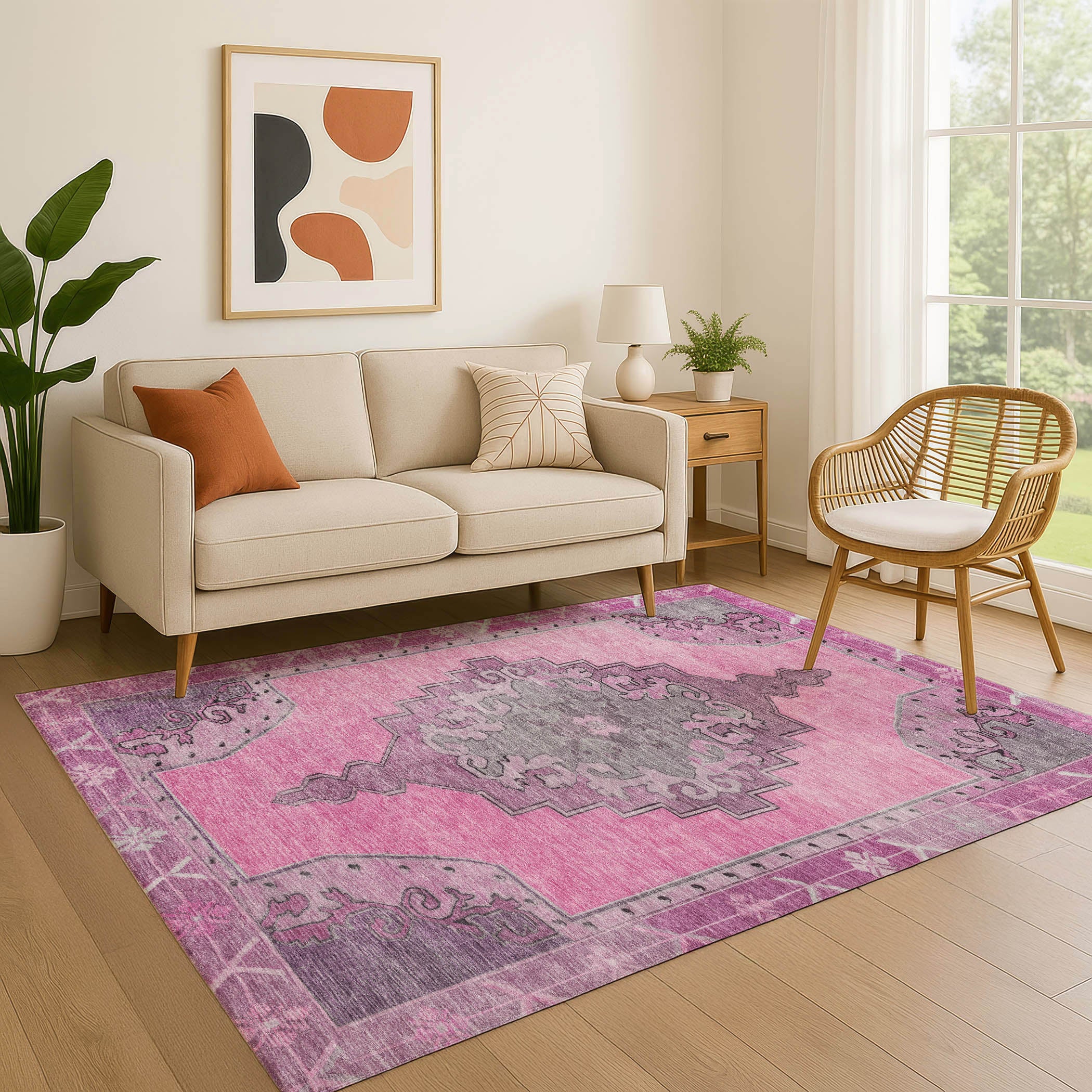 Porto Machine Washable Traditional Pink Rug 2'6" x 3'10" #shape_Rectangle