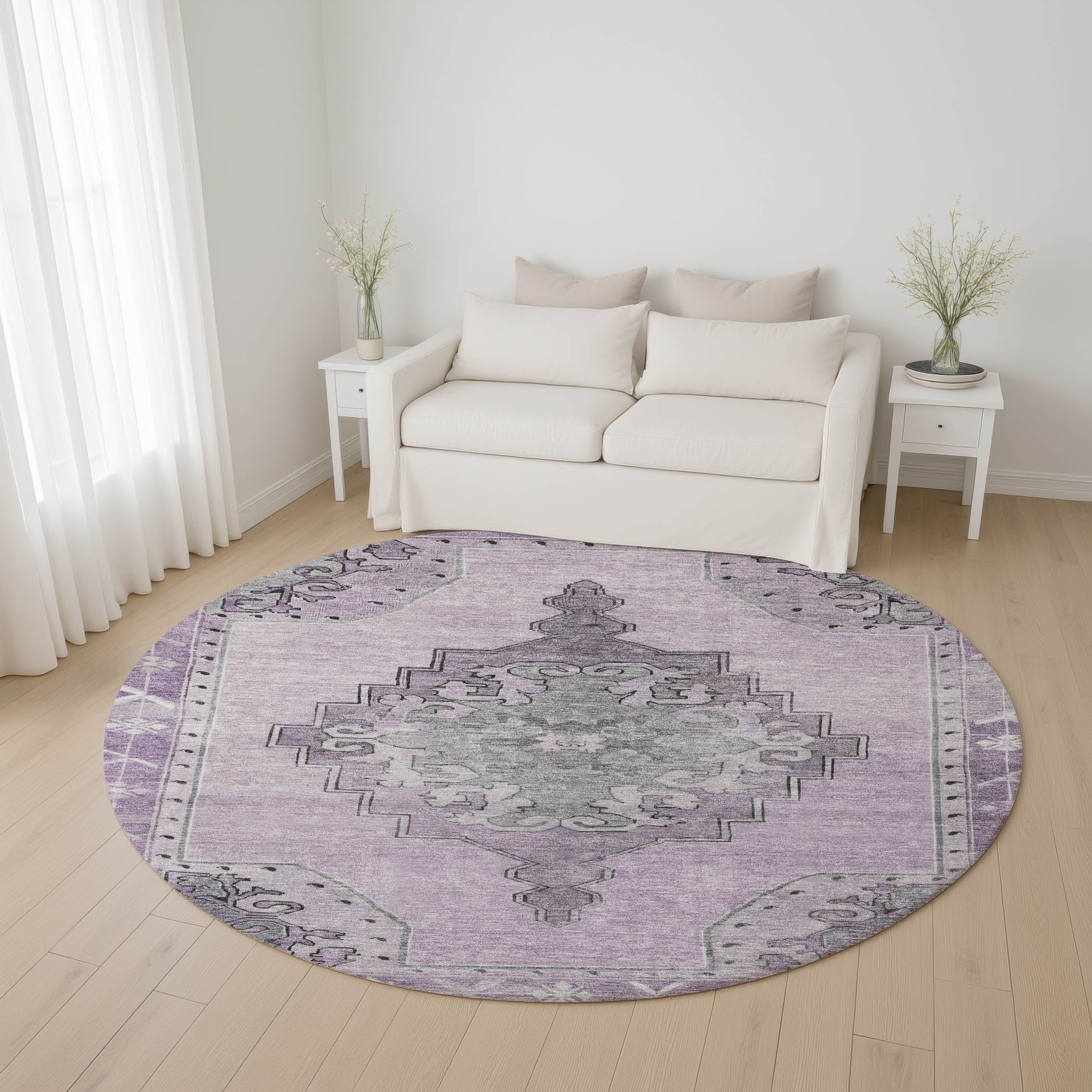Porto Machine Washable Traditional Plum Purple Rug 8' x 8' #shape_Round