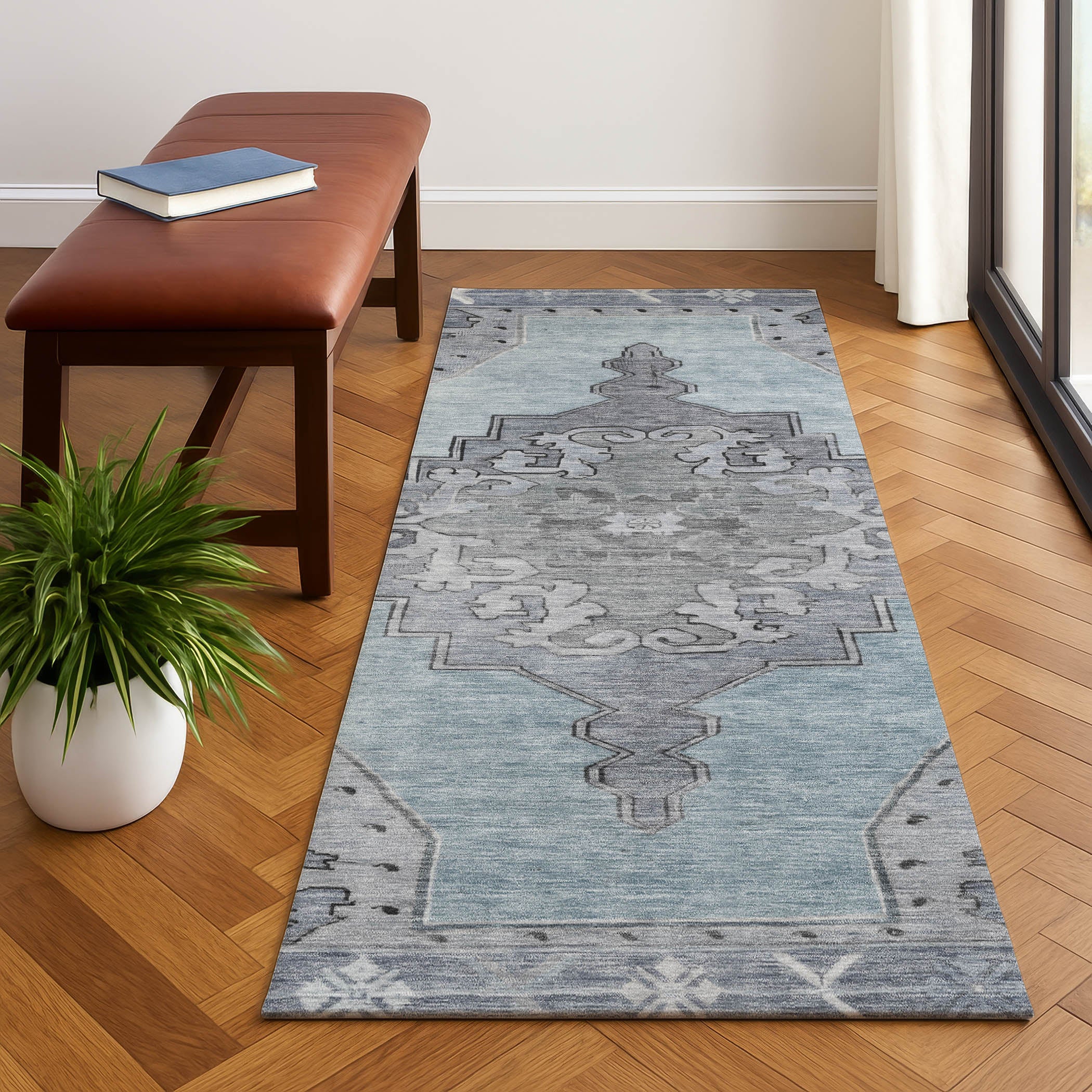 Porto Machine Washable Traditional Sky Blue Rug 2'3" x 7'6" #shape_Runner