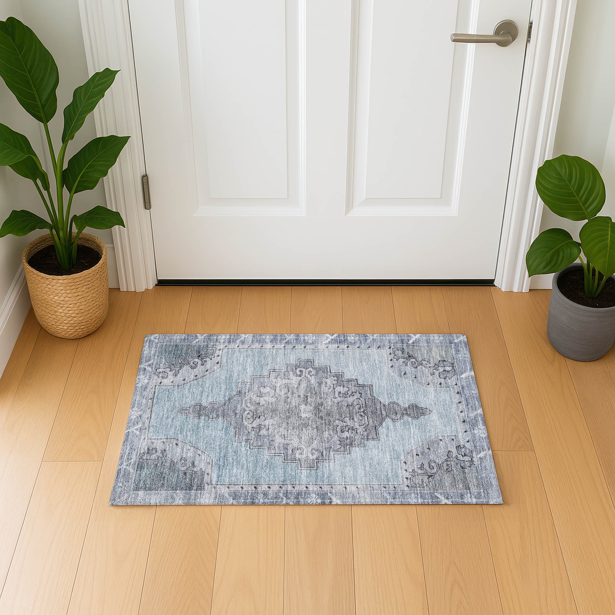 Porto Machine Washable Traditional Sky Blue Rug 1'8" x 2'6" #shape_Rectangle