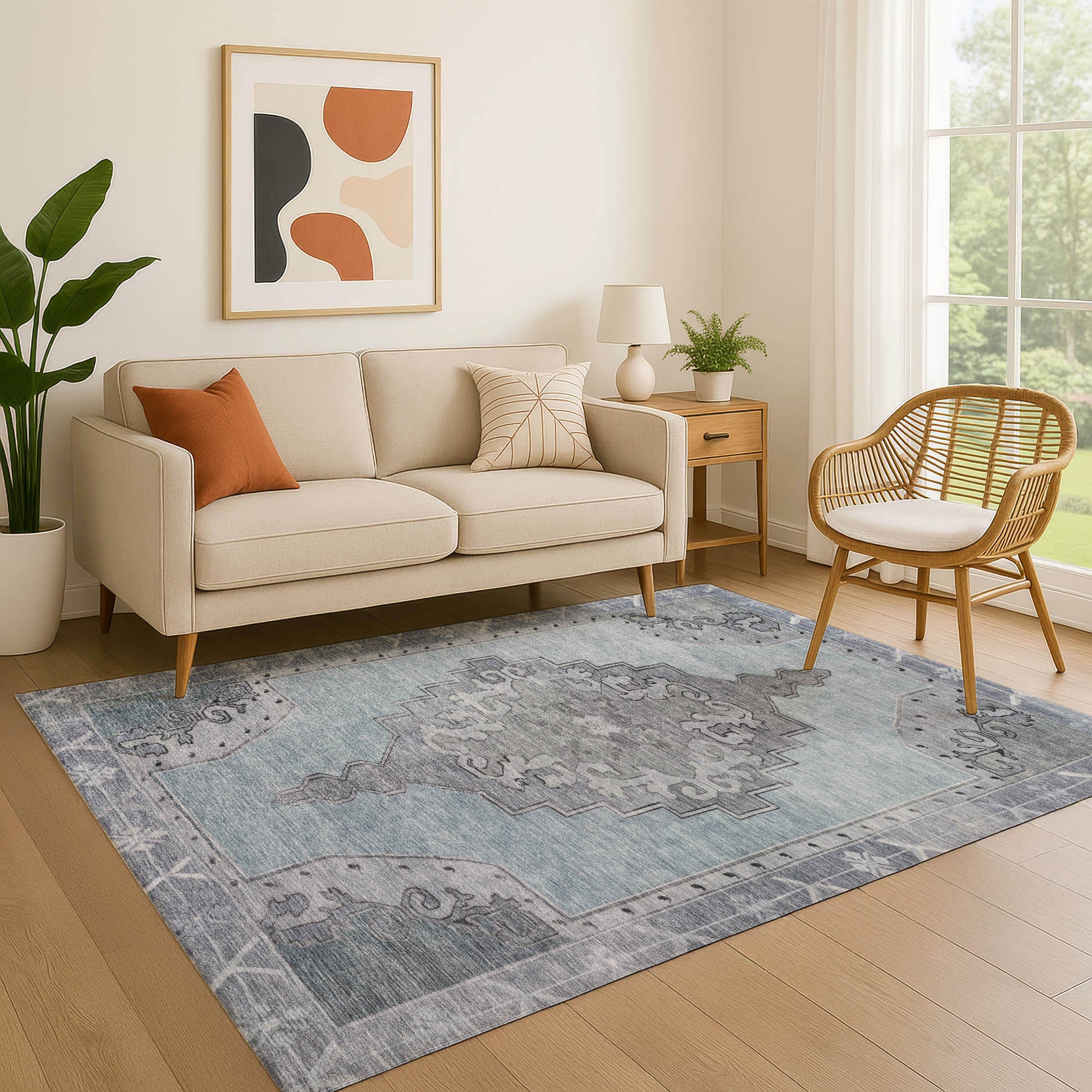 Porto Machine Washable Traditional Sky Blue Rug 2'6" x 3'10" #shape_Rectangle