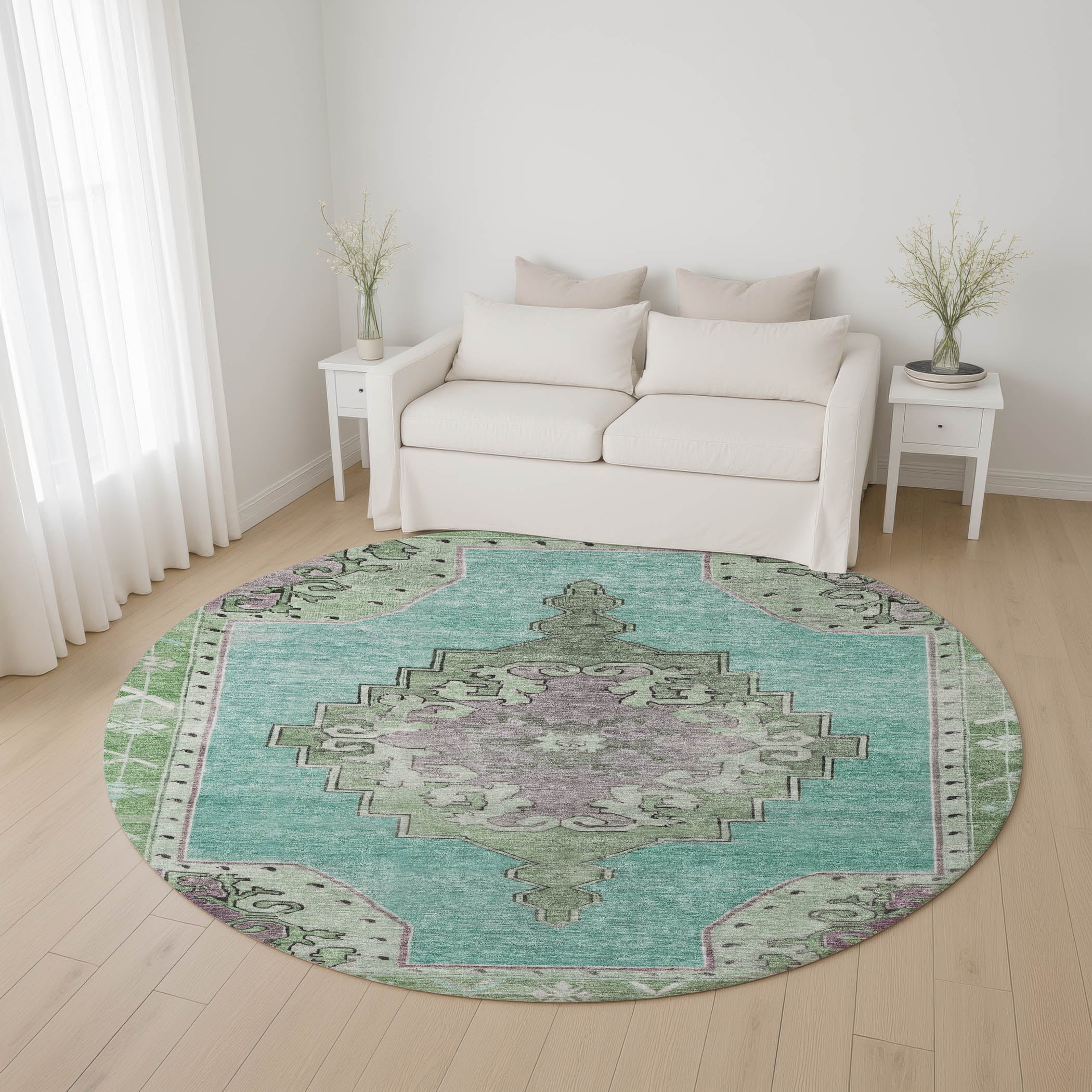 Porto Machine Washable Traditional Teal Rug 8' x 8' #shape_Round