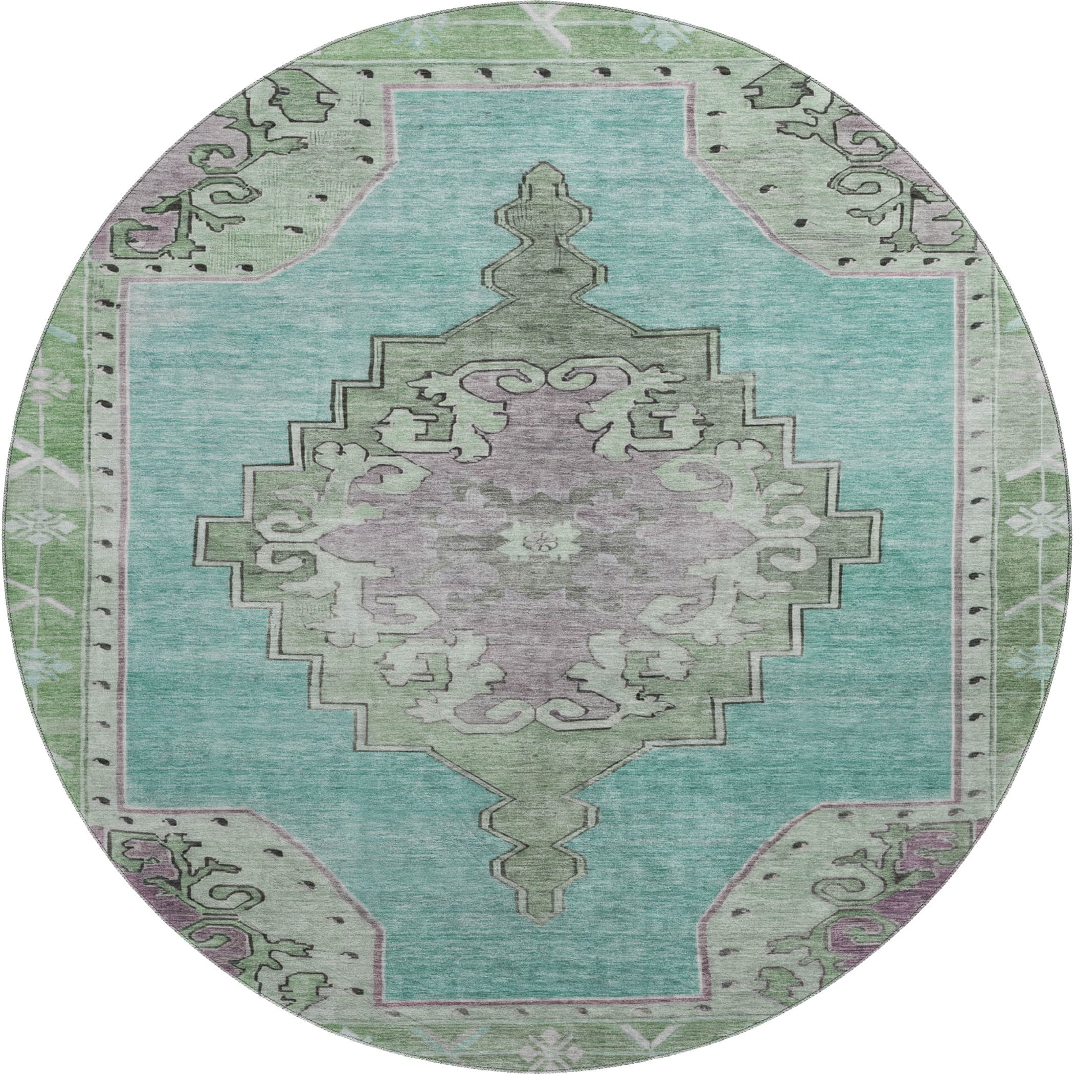 Porto Machine Washable Traditional Teal Rug 8' x 8' #shape_Round