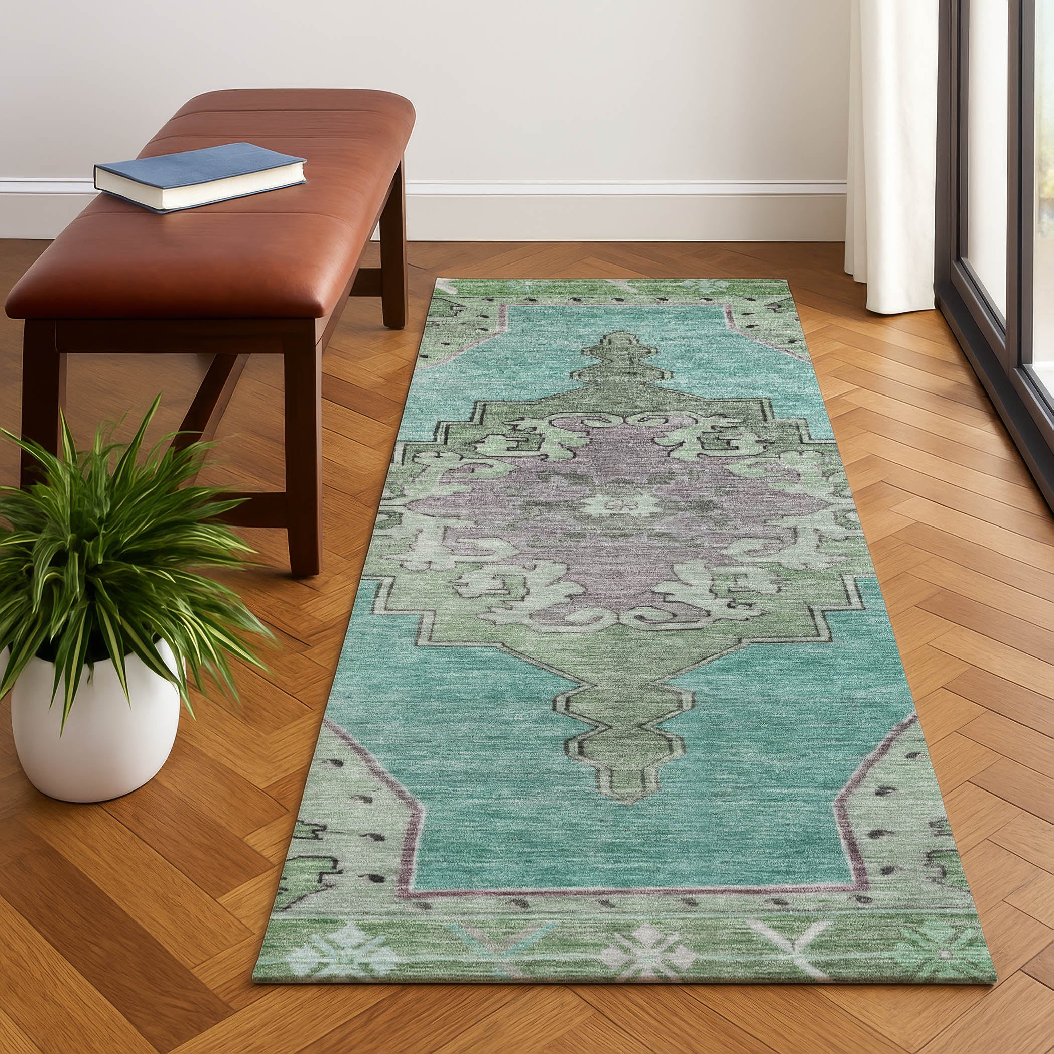 Porto Machine Washable Traditional Teal Rug 2'3" x 7'6" #shape_Runner