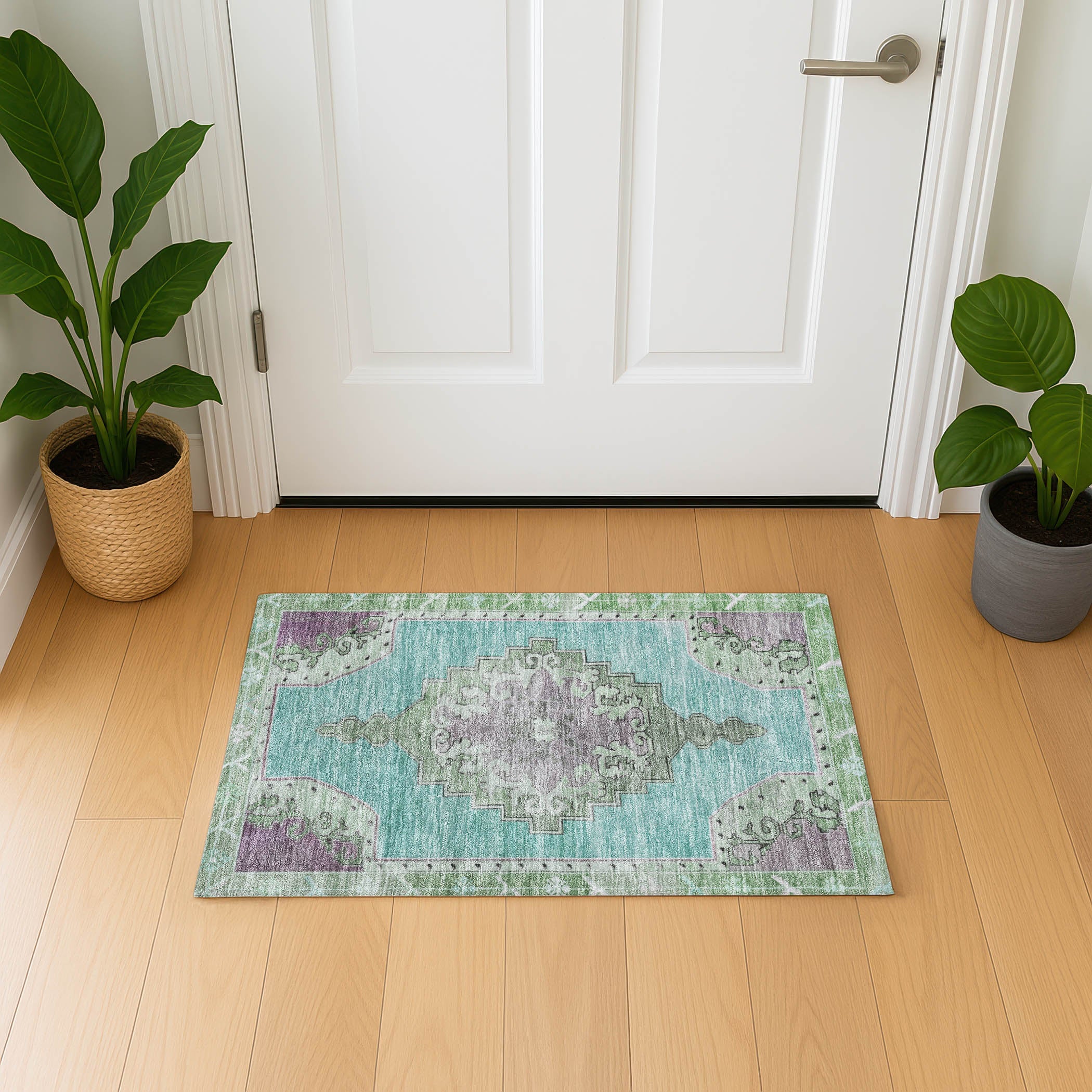 Porto Machine Washable Traditional Teal Rug 1'8" x 2'6" #shape_Rectangle