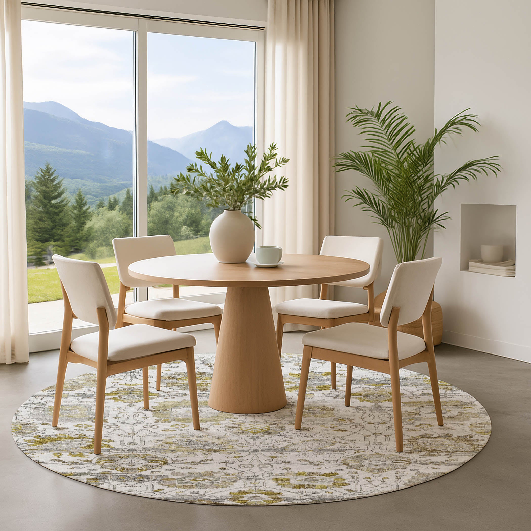 Kotor Machine Washable Traditional Linen Ivory Rug 8' x 8' #shape_Round