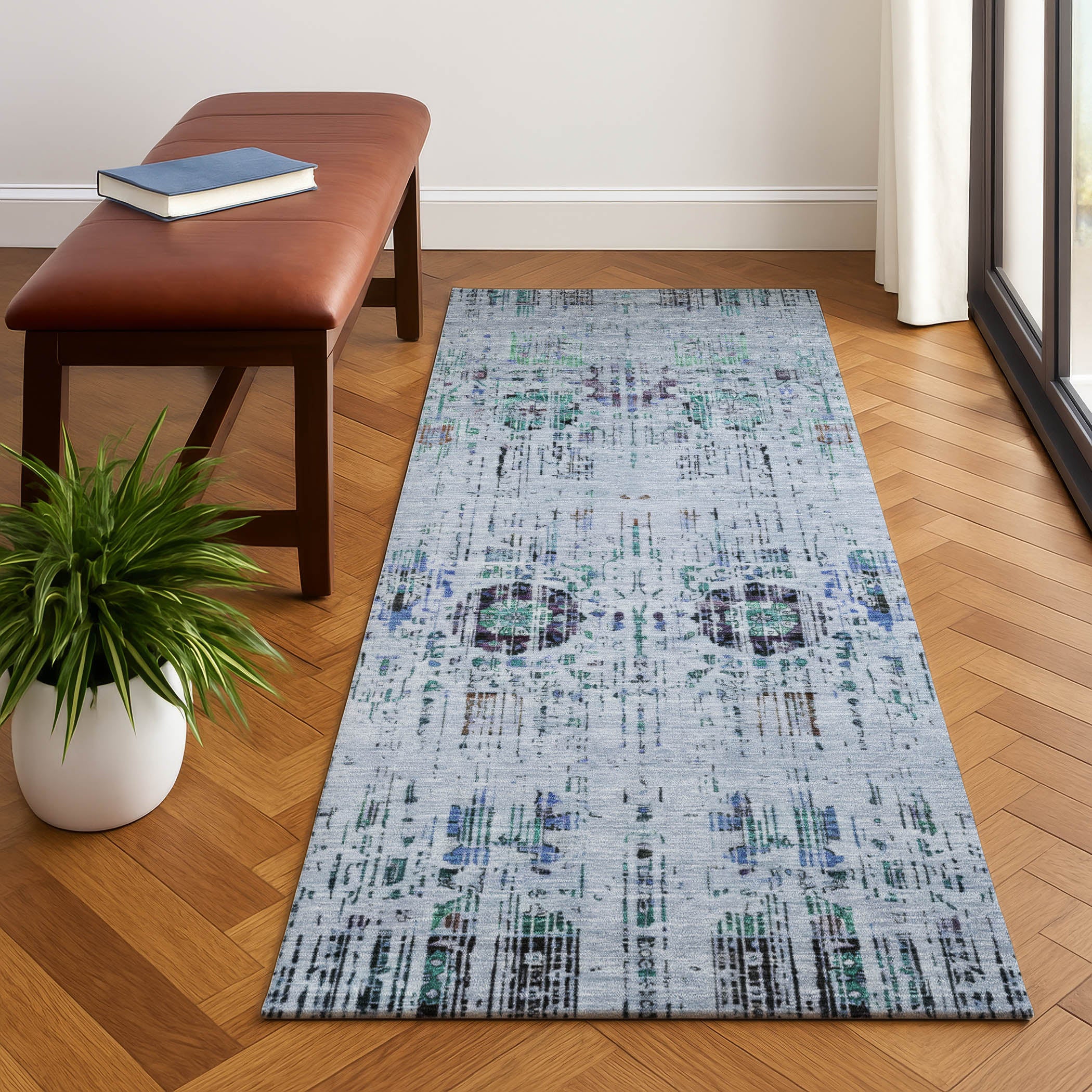 Prague Machine Washable Transitional Blue Rug 2'3" x 7'6" #shape_Runner