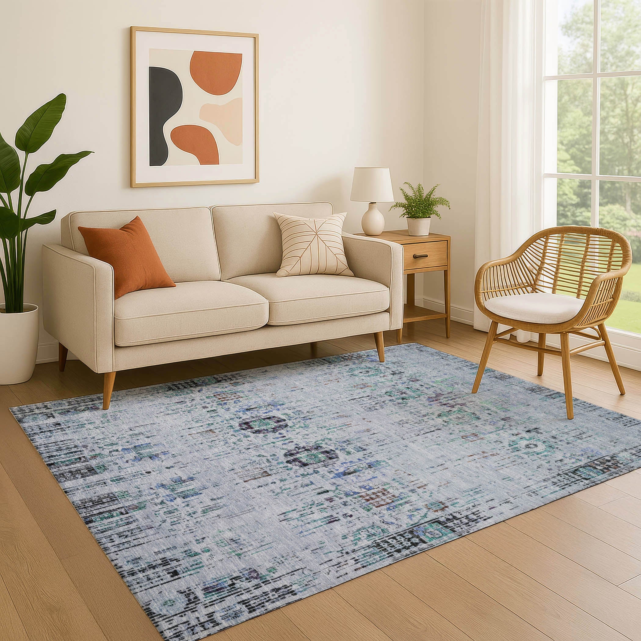 Prague Machine Washable Transitional Blue Rug 2'6" x 3'10" #shape_Rectangle