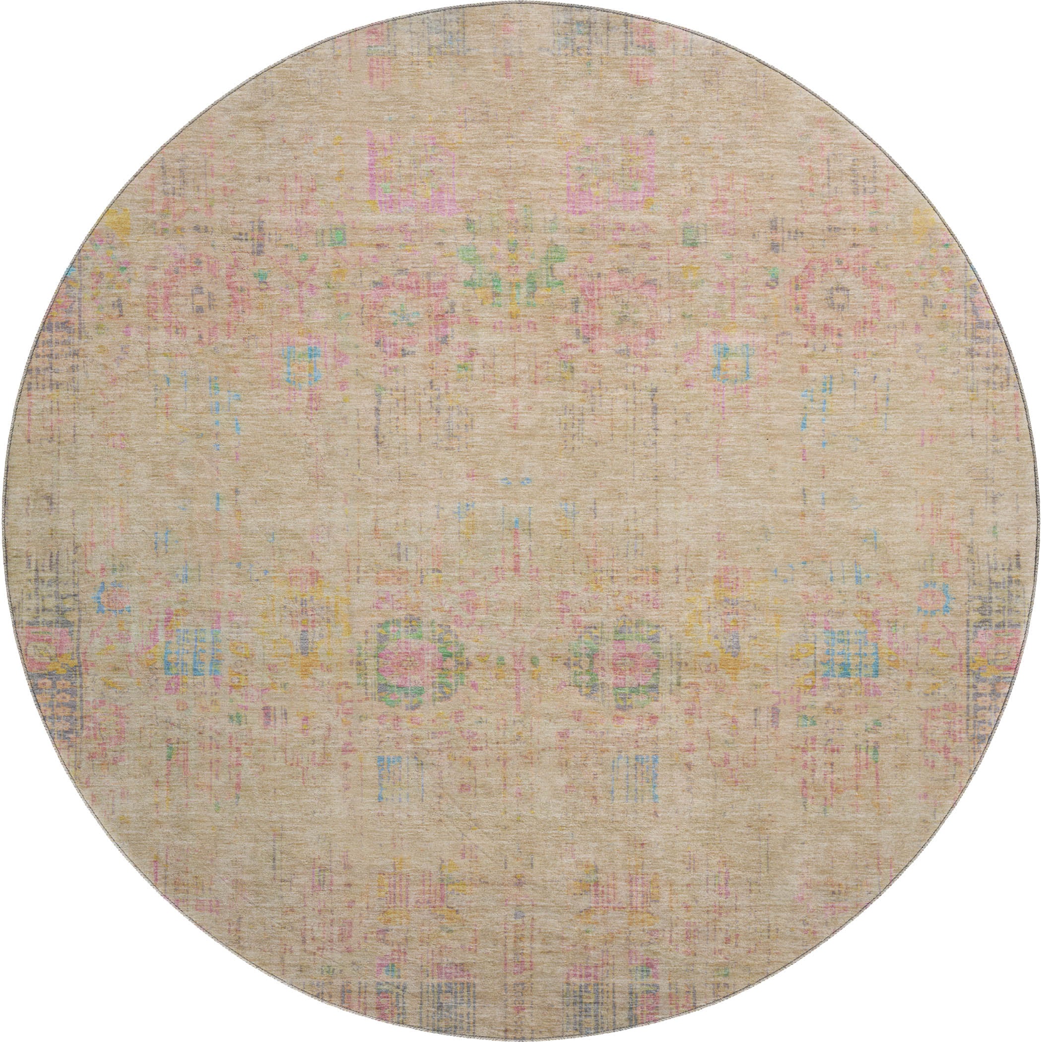 Prague Machine Washable Transitional Tan Brown Rug 8' x 8' #shape_Round