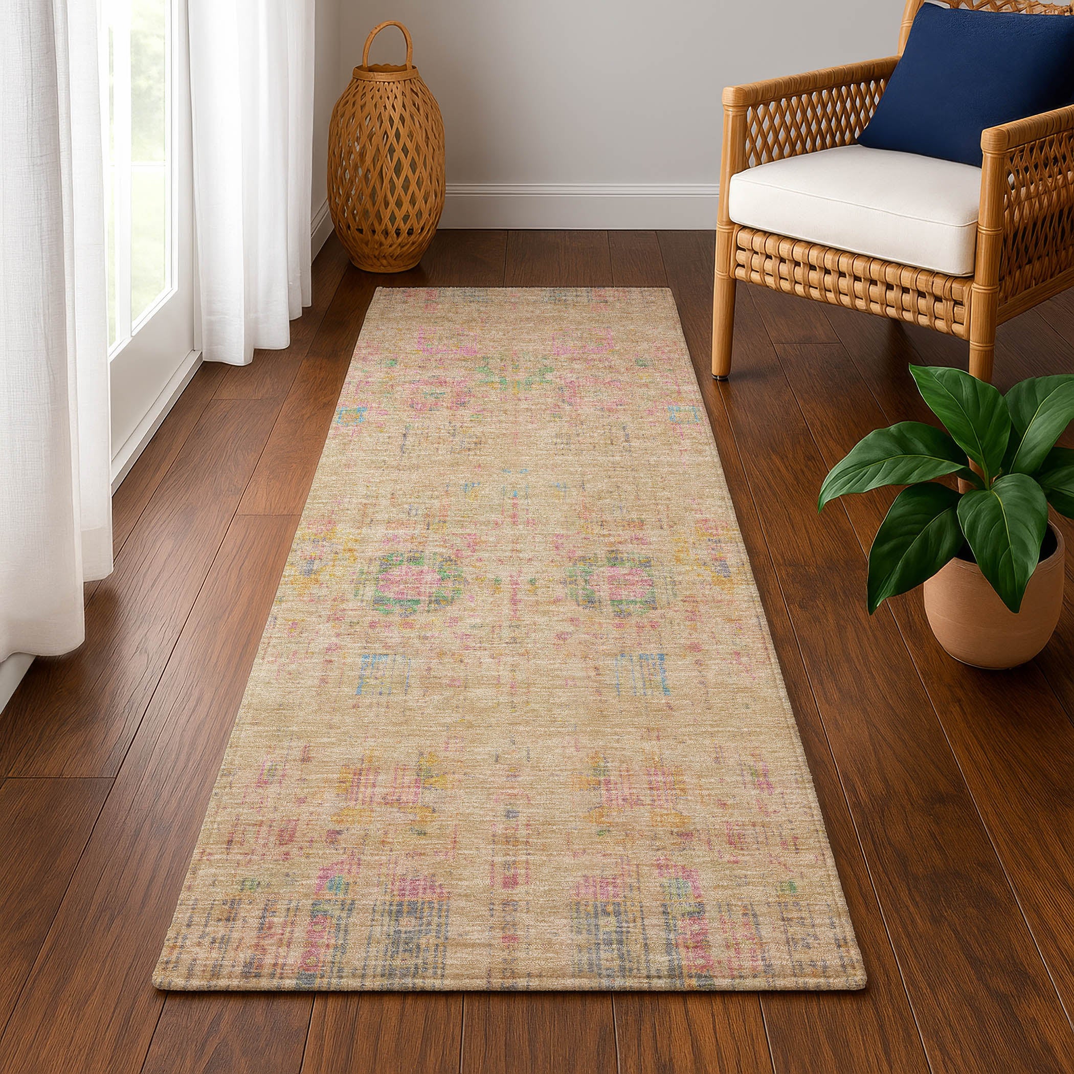 Prague Machine Washable Transitional Tan Brown Rug 2'3" x 7'6" #shape_Runner