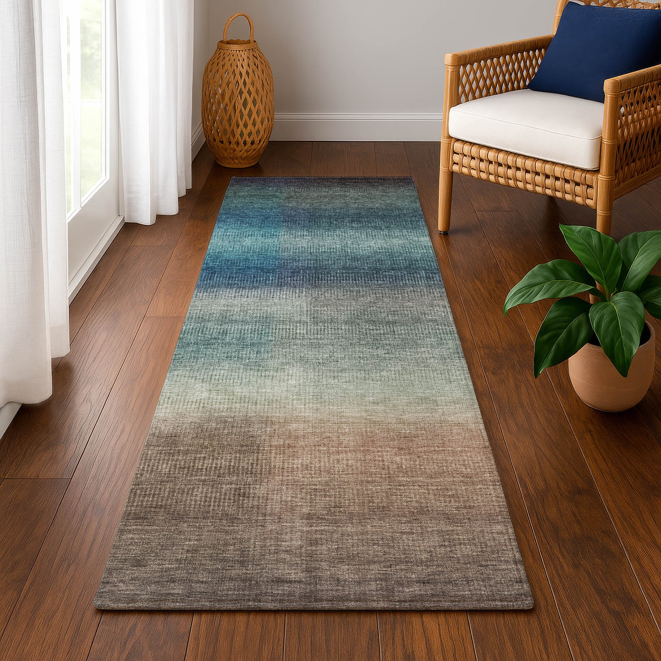 Colombo Machine Washable Transitional Blue Rug 2'3" x 7'6" #shape_Runner