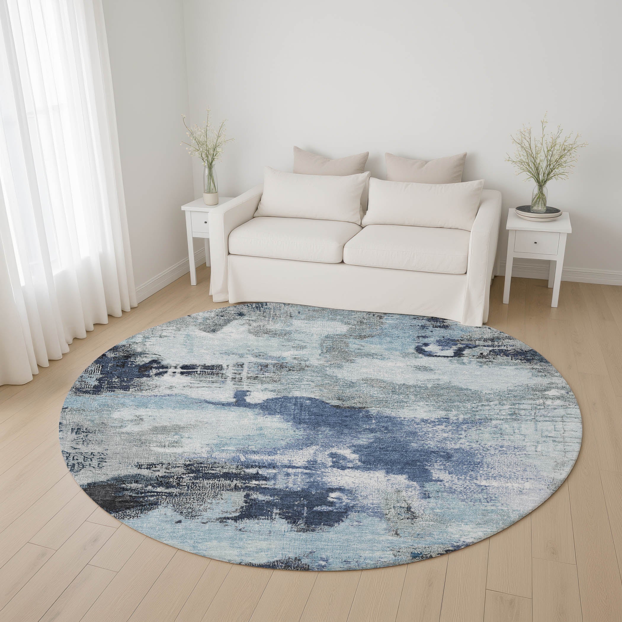 Seville Machine Washable Transitional Blue Rug 8' x 8' #shape_Round
