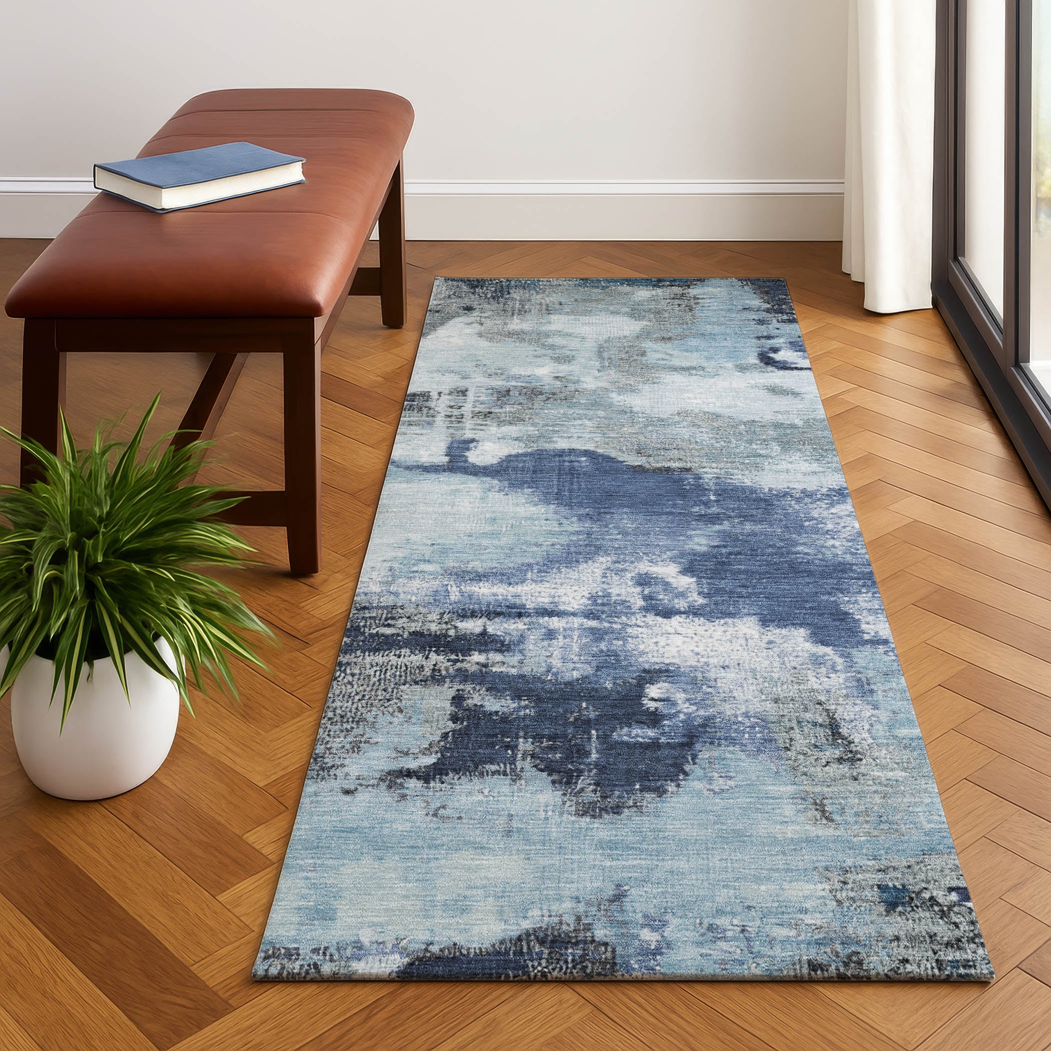 Seville Machine Washable Transitional Blue Rug 2'3" x 7'6" #shape_Runner