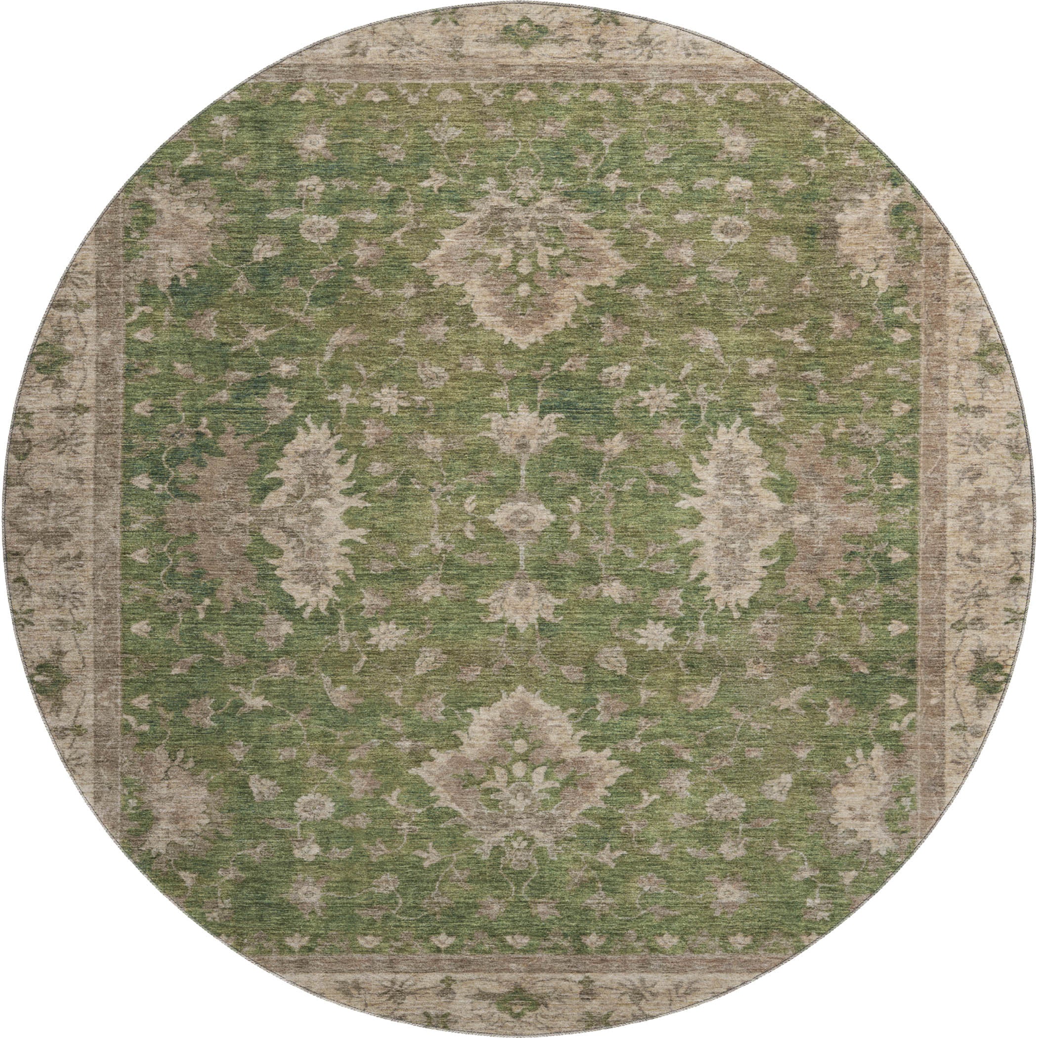 Siena Machine Washable Traditional Aloe Green Rug 8' x 8' #shape_Round
