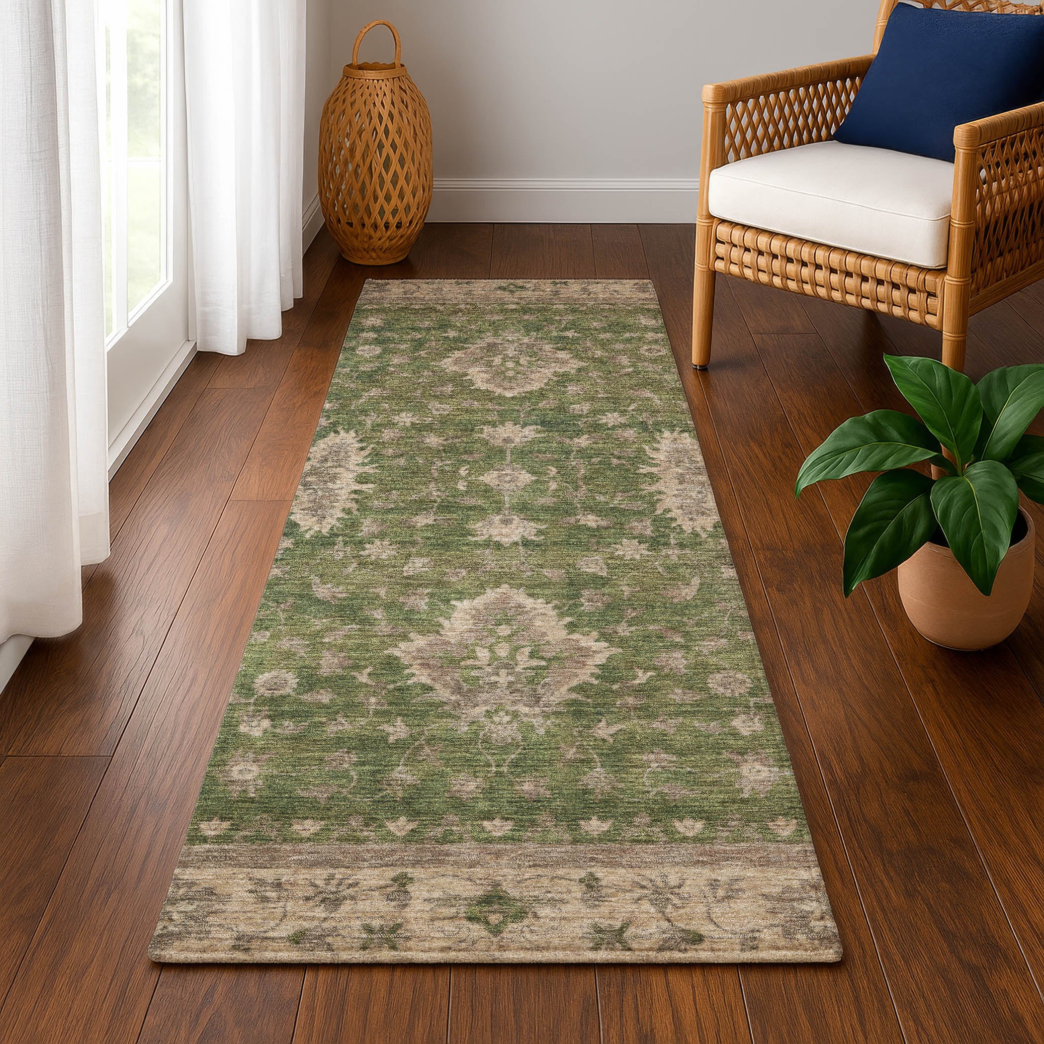 Siena Machine Washable Traditional Aloe Green Rug 2'3" x 7'6" #shape_Runner