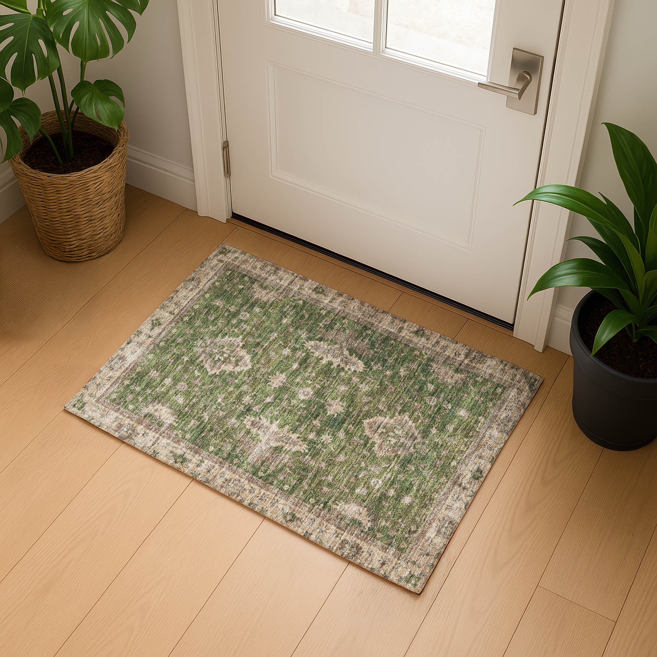Siena Machine Washable Traditional Aloe Green Rug 1'8" x 2'6" #shape_Rectangle