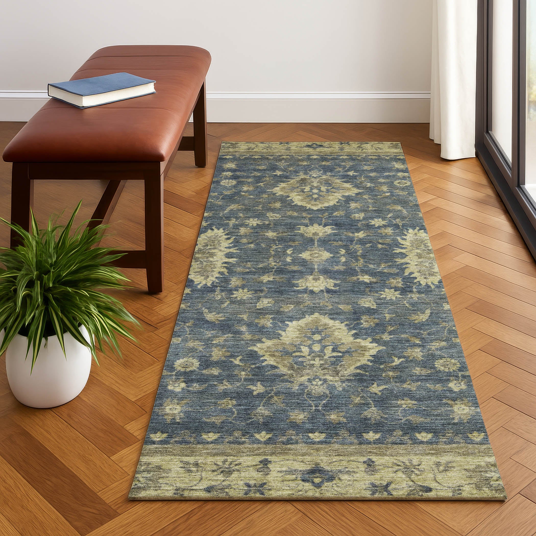Siena Machine Washable Traditional Blue Rug 2'3" x 7'6" #shape_Runner