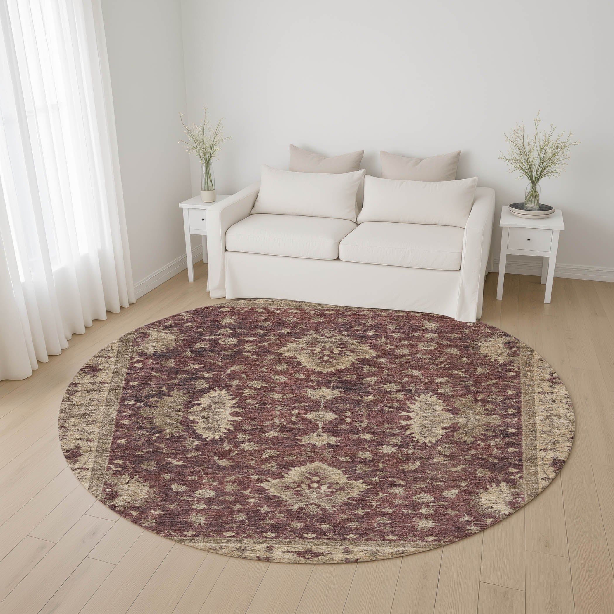 Siena Machine Washable Traditional Burgundy Red Rug 8' x 8' #shape_Round