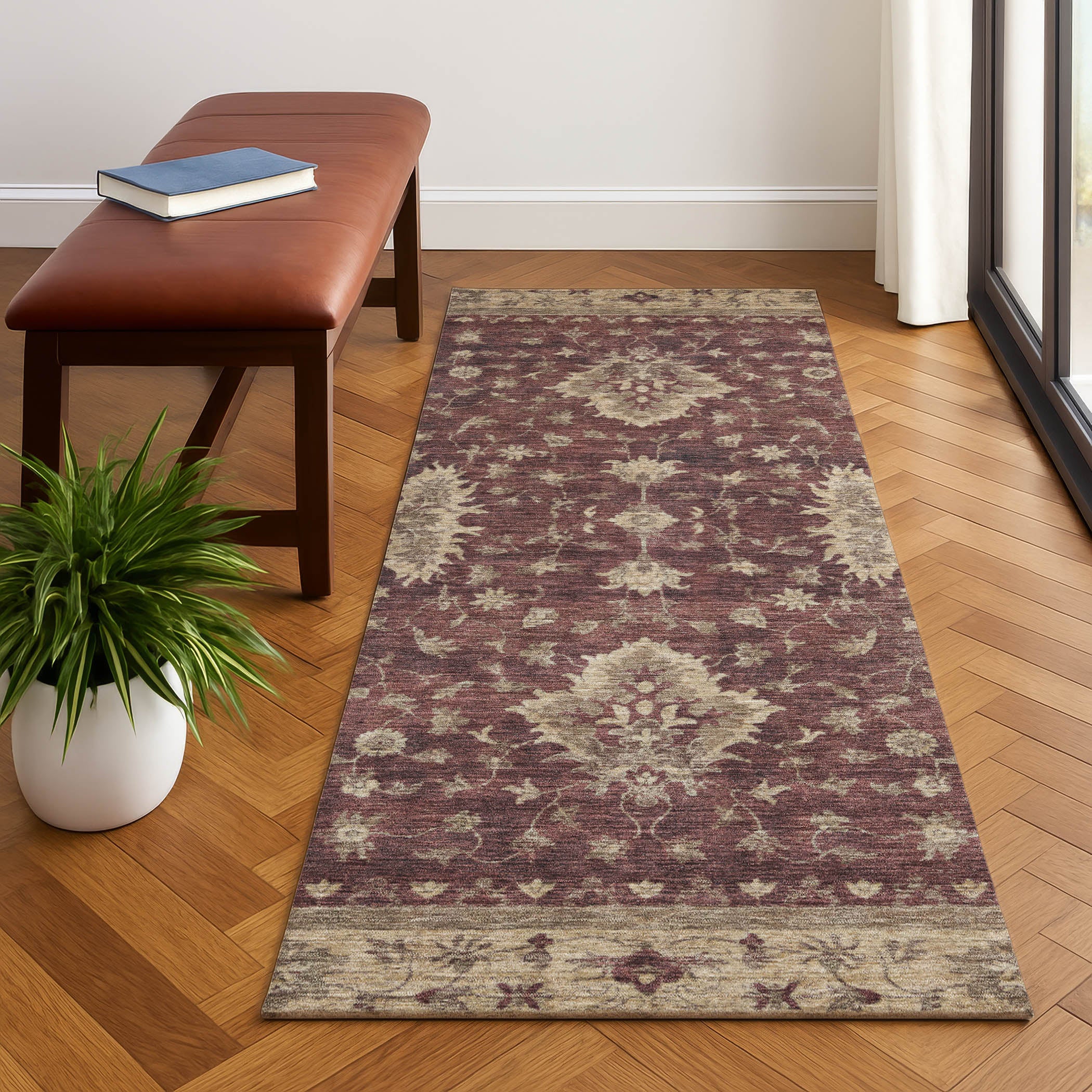 Siena Machine Washable Traditional Burgundy Red Rug 2'3" x 7'6" #shape_Runner