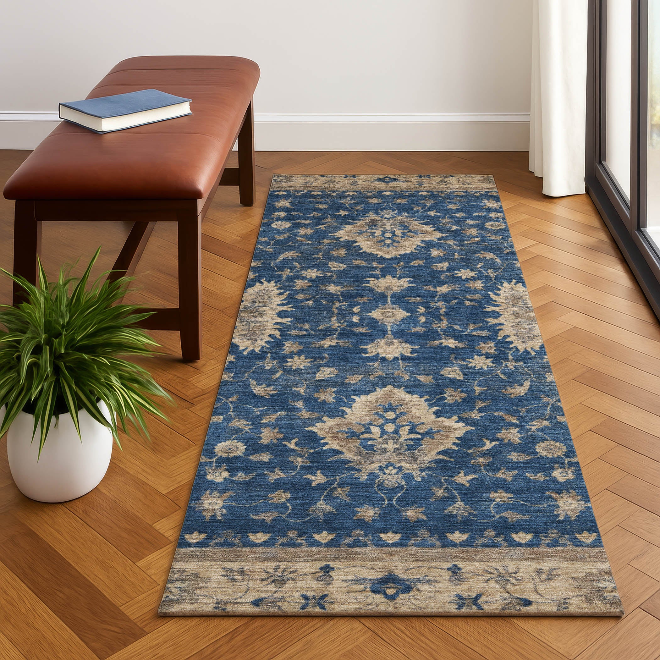 Siena Machine Washable Traditional Navy Blue Rug 2'3" x 7'6" #shape_Runner