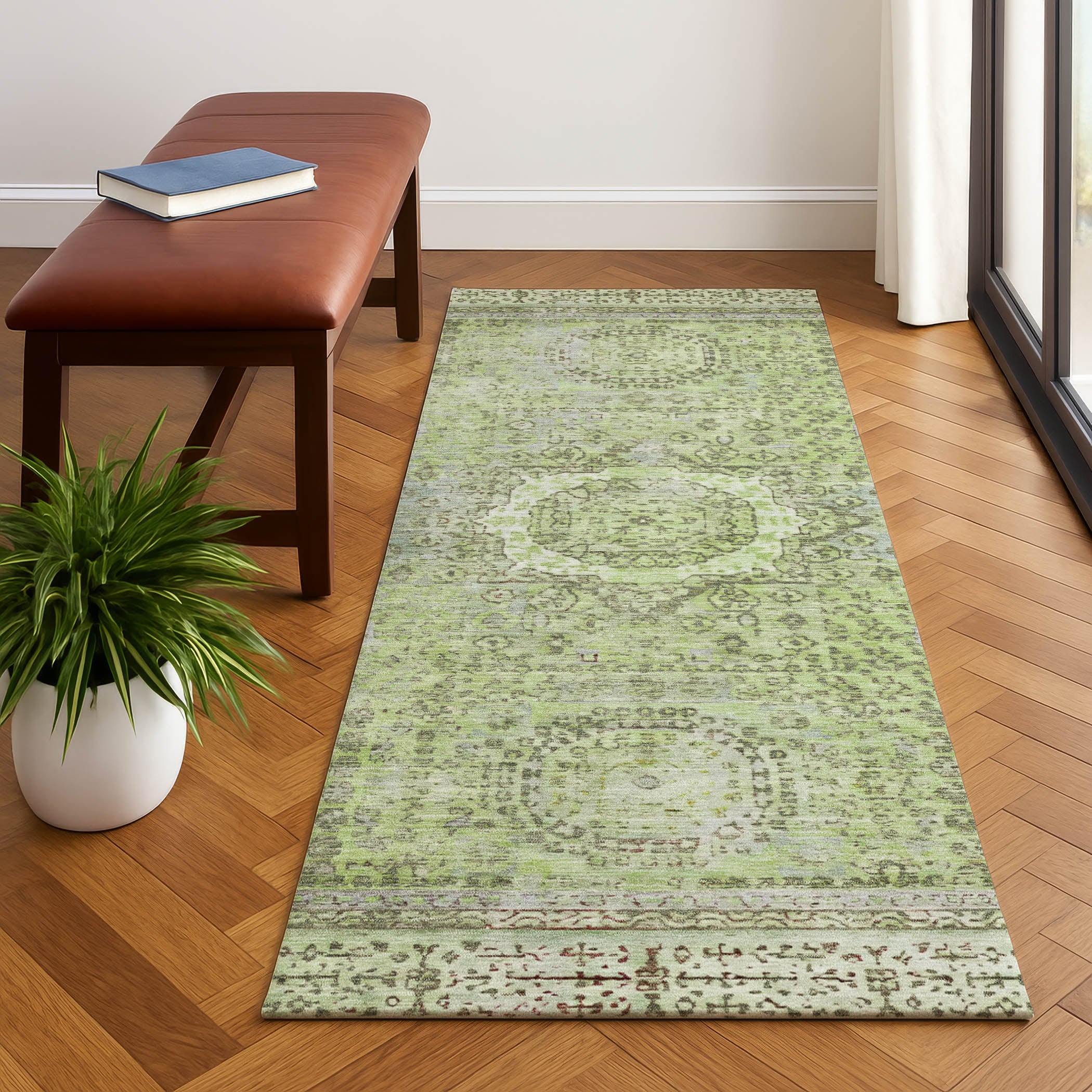 Budapest Machine Washable Traditional Aloe Green Rug 2'3" x 7'6" #shape_Runner