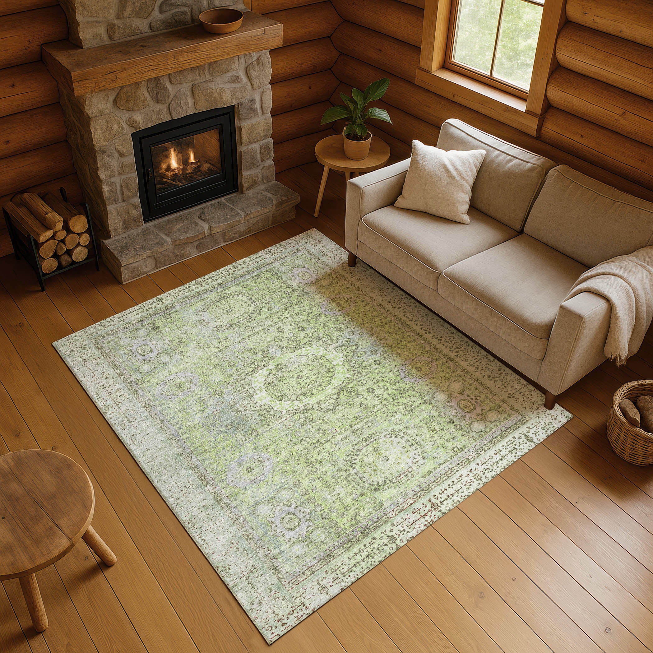 Budapest Machine Washable Traditional Aloe Green Rug 2'6" x 3'10" #shape_Rectangle