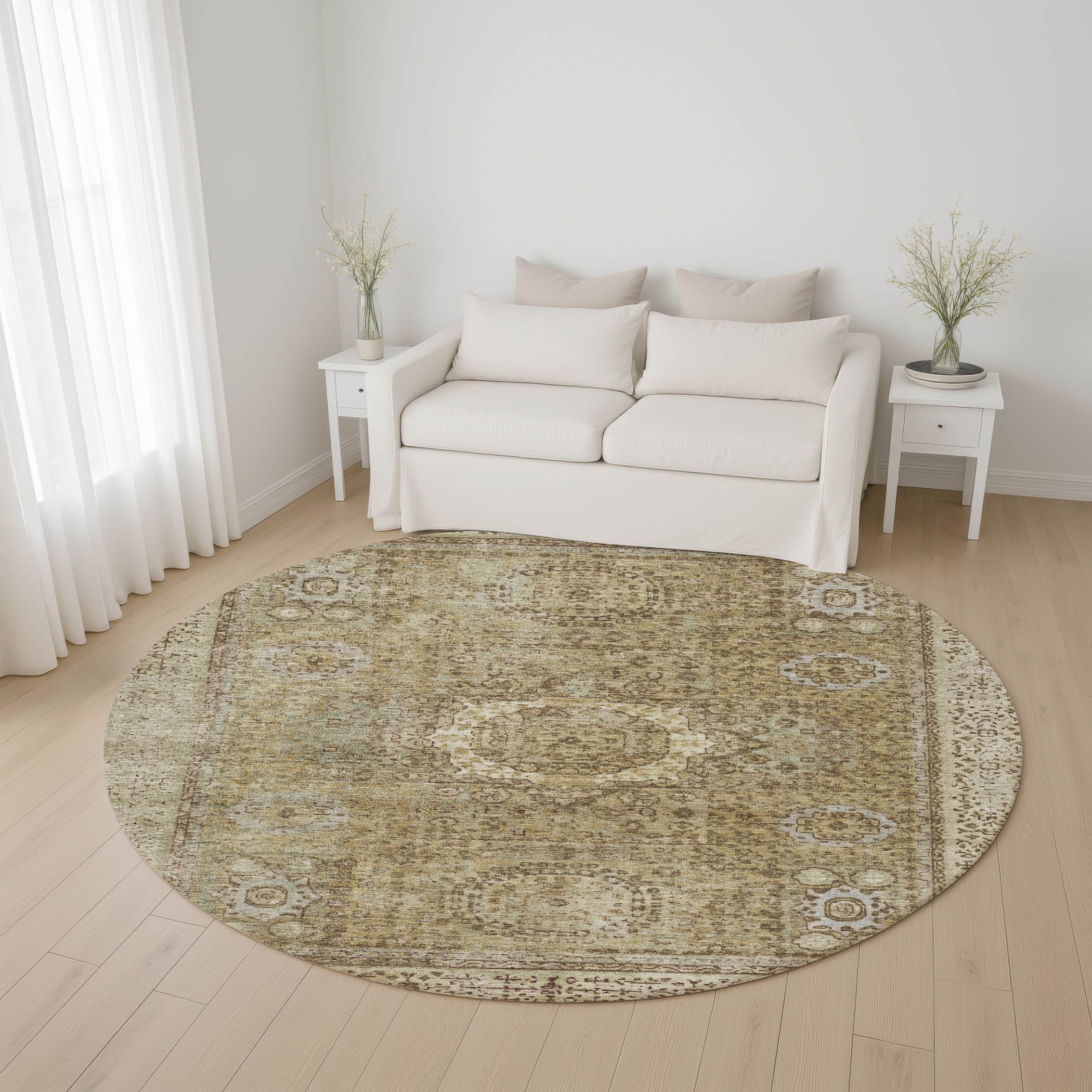 Budapest Machine Washable Traditional Brown Rug 8' x 8' #shape_Round