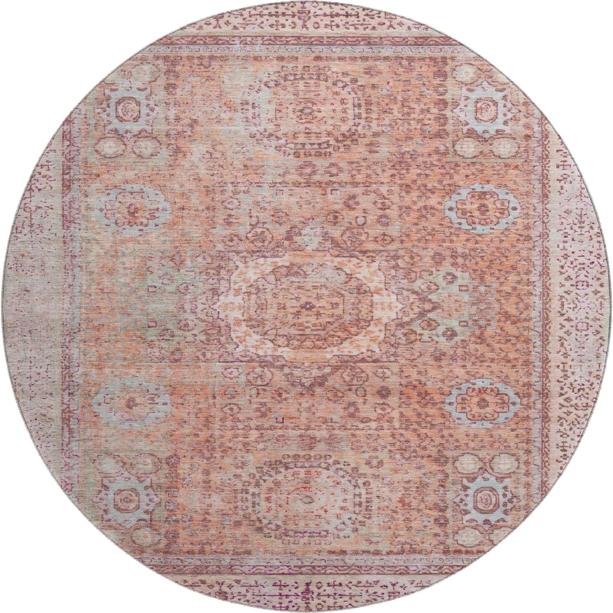 Budapest Machine Washable Traditional Orange Rug 8' x 8' #shape_Round