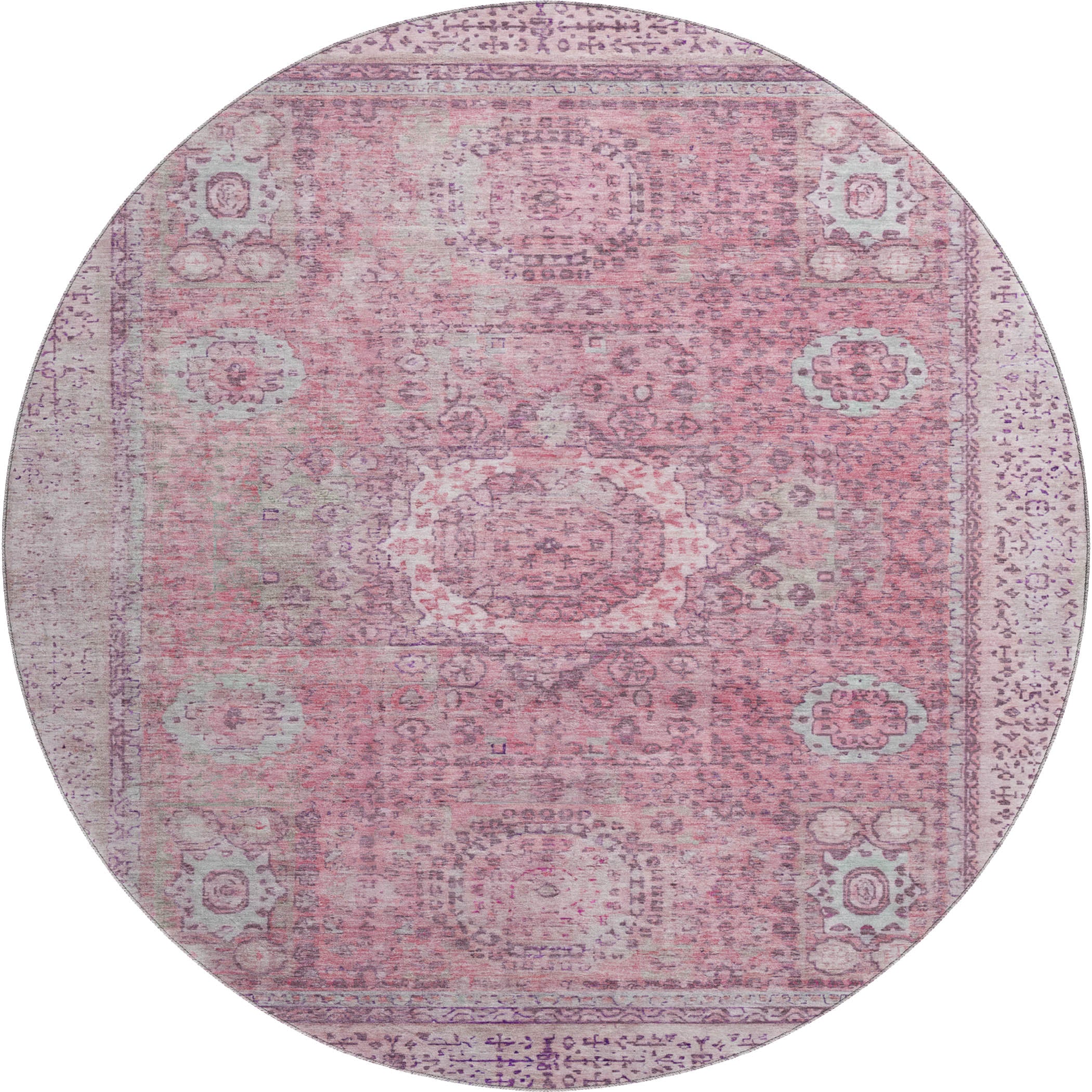 Budapest Machine Washable Traditional Pink Rug 8' x 8' #shape_Round