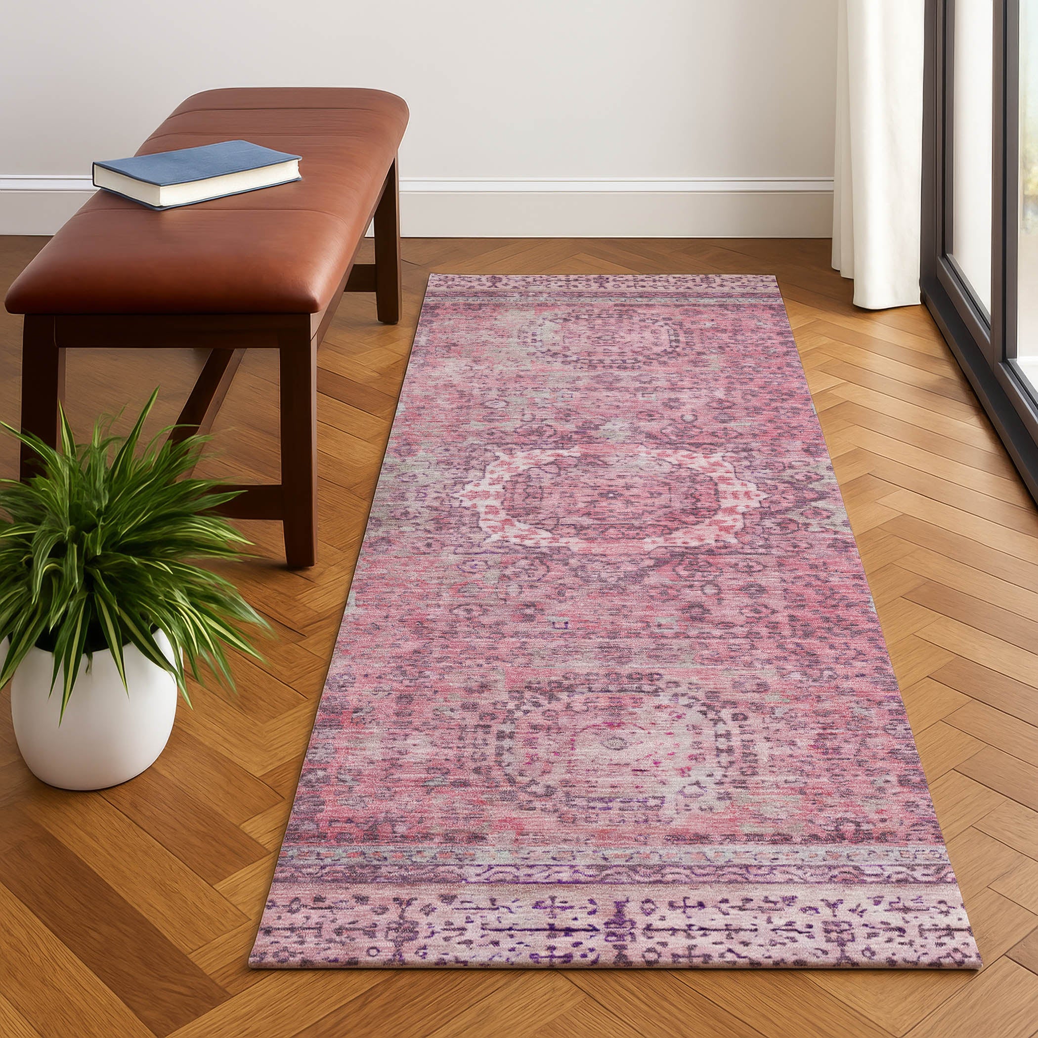 Budapest Machine Washable Traditional Pink Rug 2'3" x 7'6" #shape_Runner